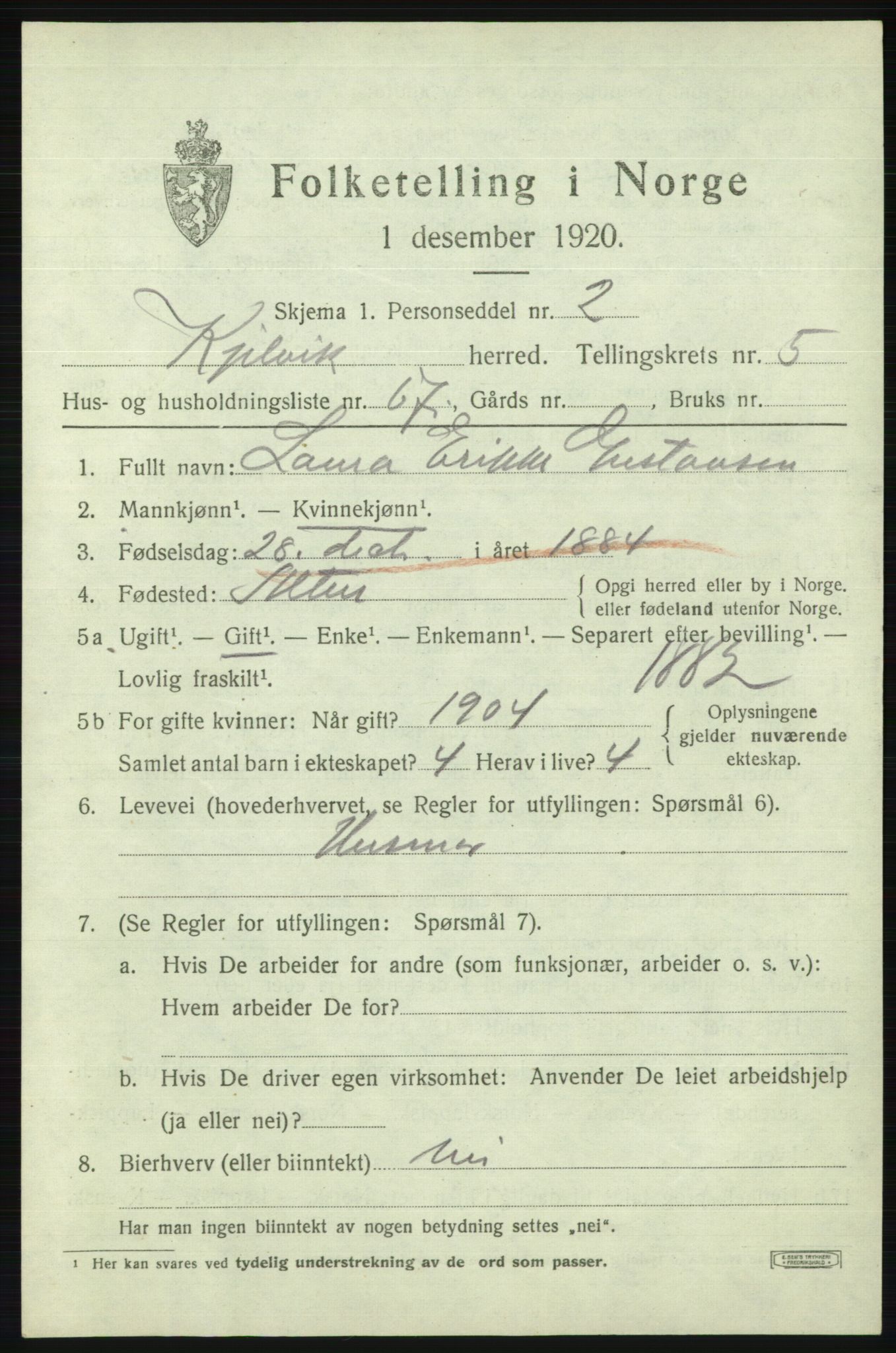 SATØ, 1920 census for Kjelvik, 1920, p. 3109