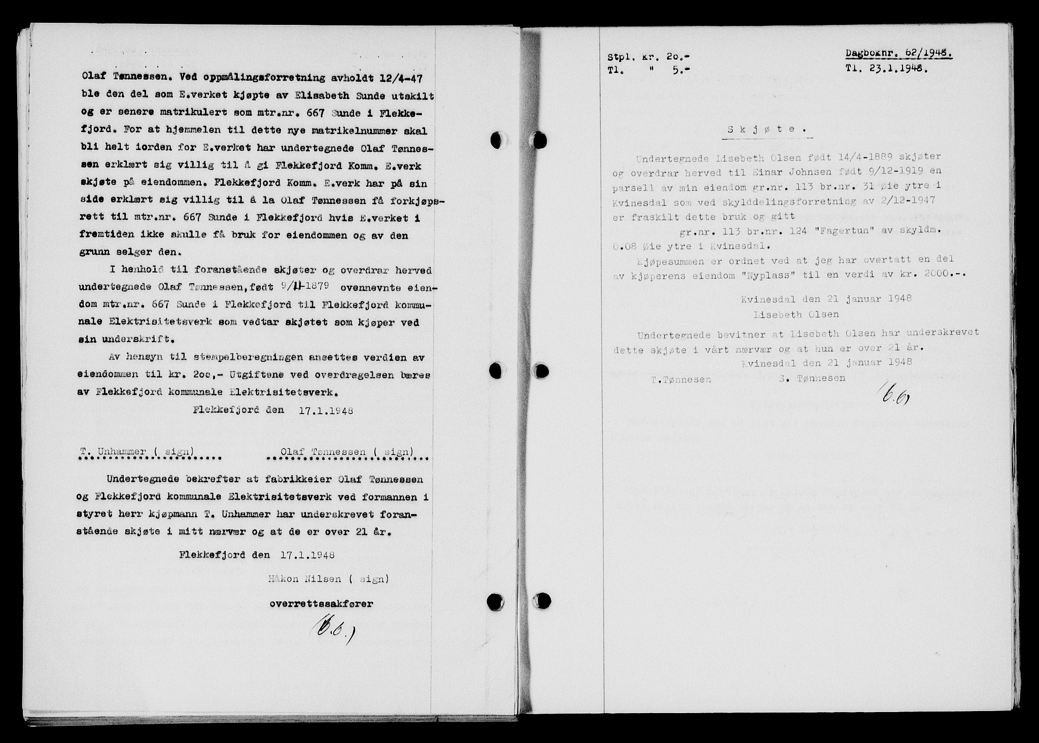 Flekkefjord sorenskriveri, SAK/1221-0001/G/Gb/Gba/L0063: Mortgage book no. A-11, 1947-1948, Diary no: : 62/1948
