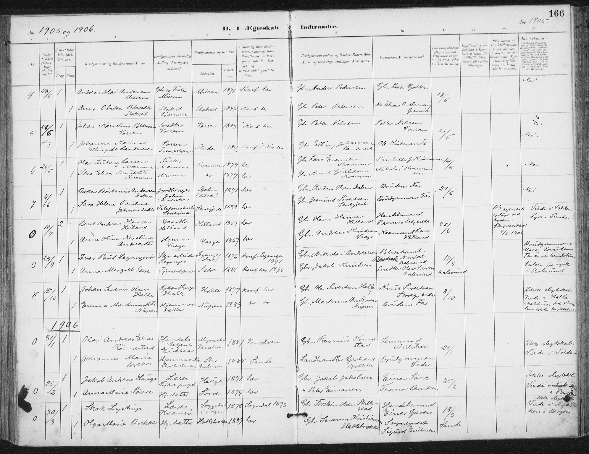 Ministerialprotokoller, klokkerbøker og fødselsregistre - Møre og Romsdal, SAT/A-1454/503/L0038: Parish register (official) no. 503A06, 1901-1917, p. 166