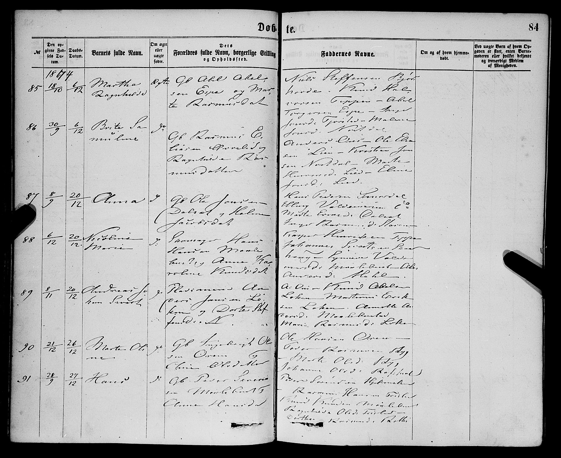 Eid sokneprestembete, AV/SAB-A-82301/H/Haa/Haaa/L0010: Parish register (official) no. A 10, 1867-1878, p. 84