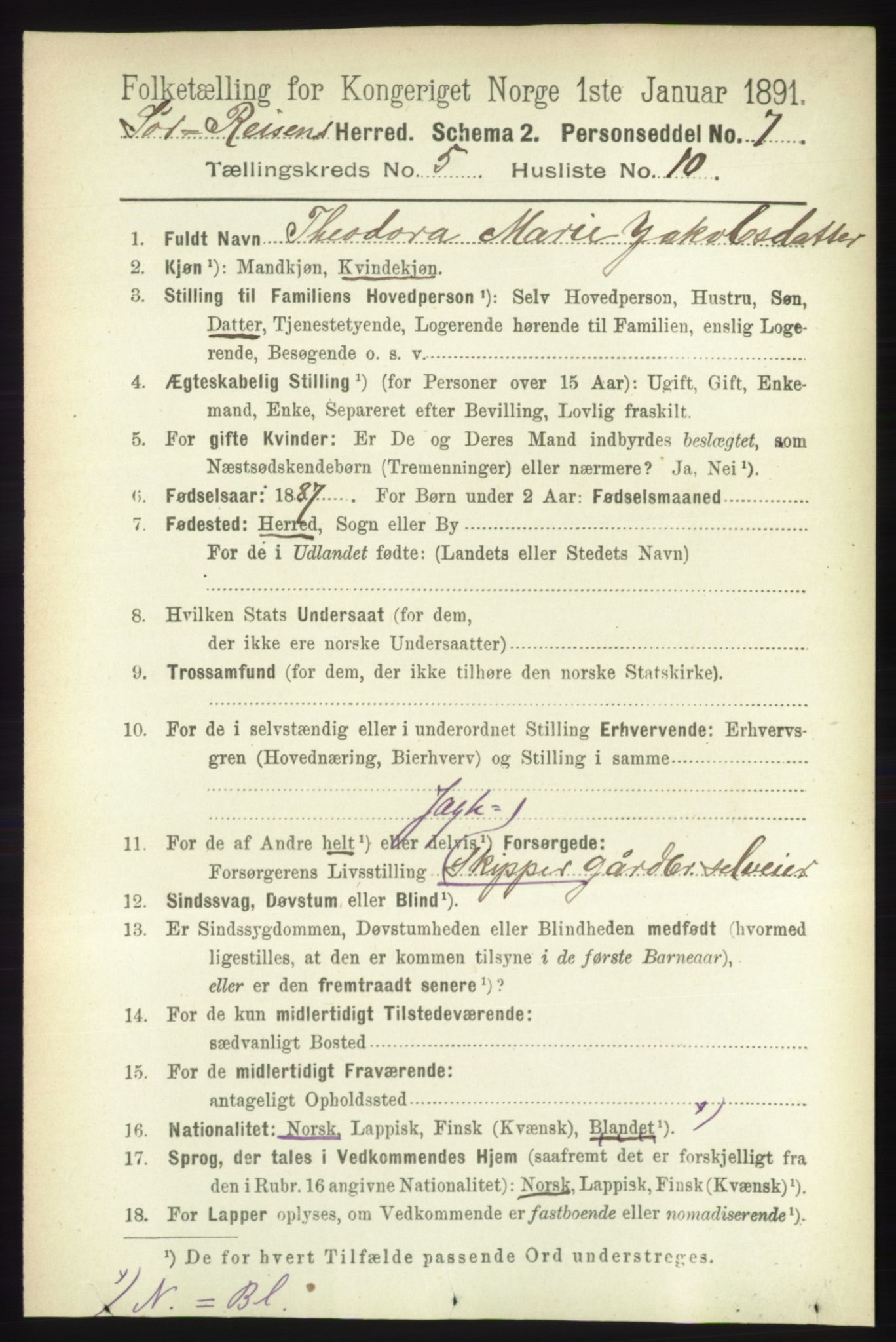 RA, 1891 census for 1925 Sørreisa, 1891, p. 1650