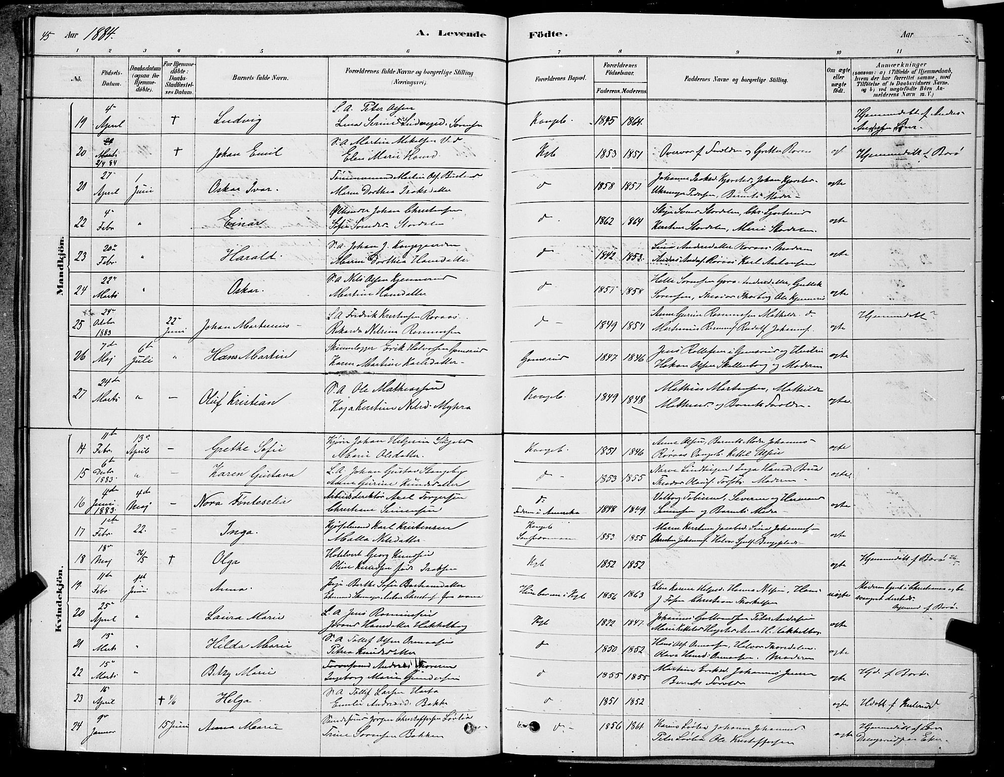 Kongsberg kirkebøker, AV/SAKO-A-22/G/Ga/L0005: Parish register (copy) no. 5, 1878-1889, p. 45