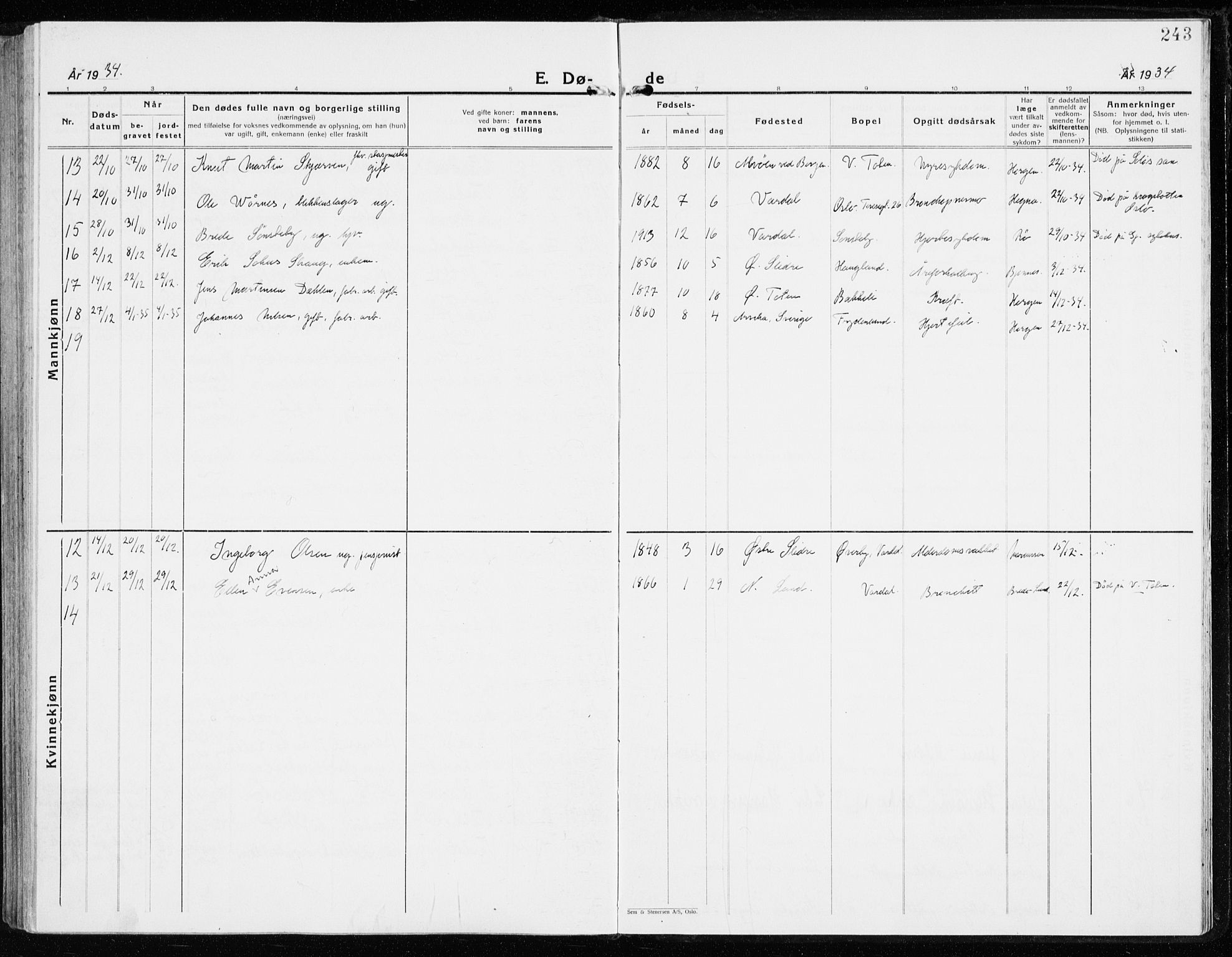Vardal prestekontor, SAH/PREST-100/H/Ha/Haa/L0018: Parish register (official) no. 18, 1930-1945, p. 243