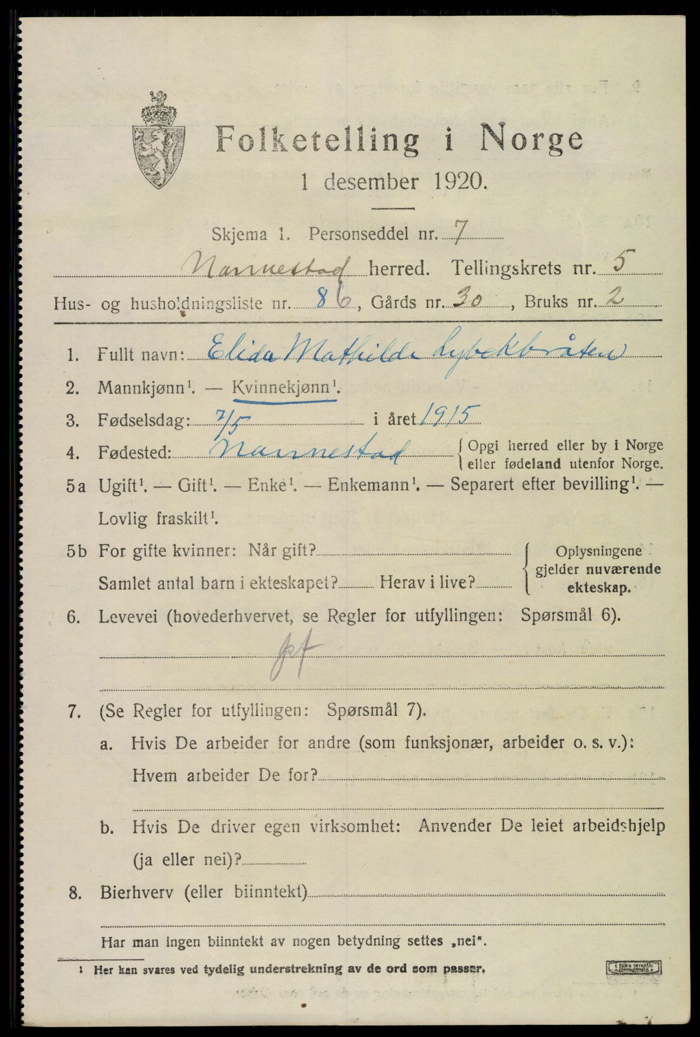 SAO, 1920 census for Nannestad, 1920, p. 7566