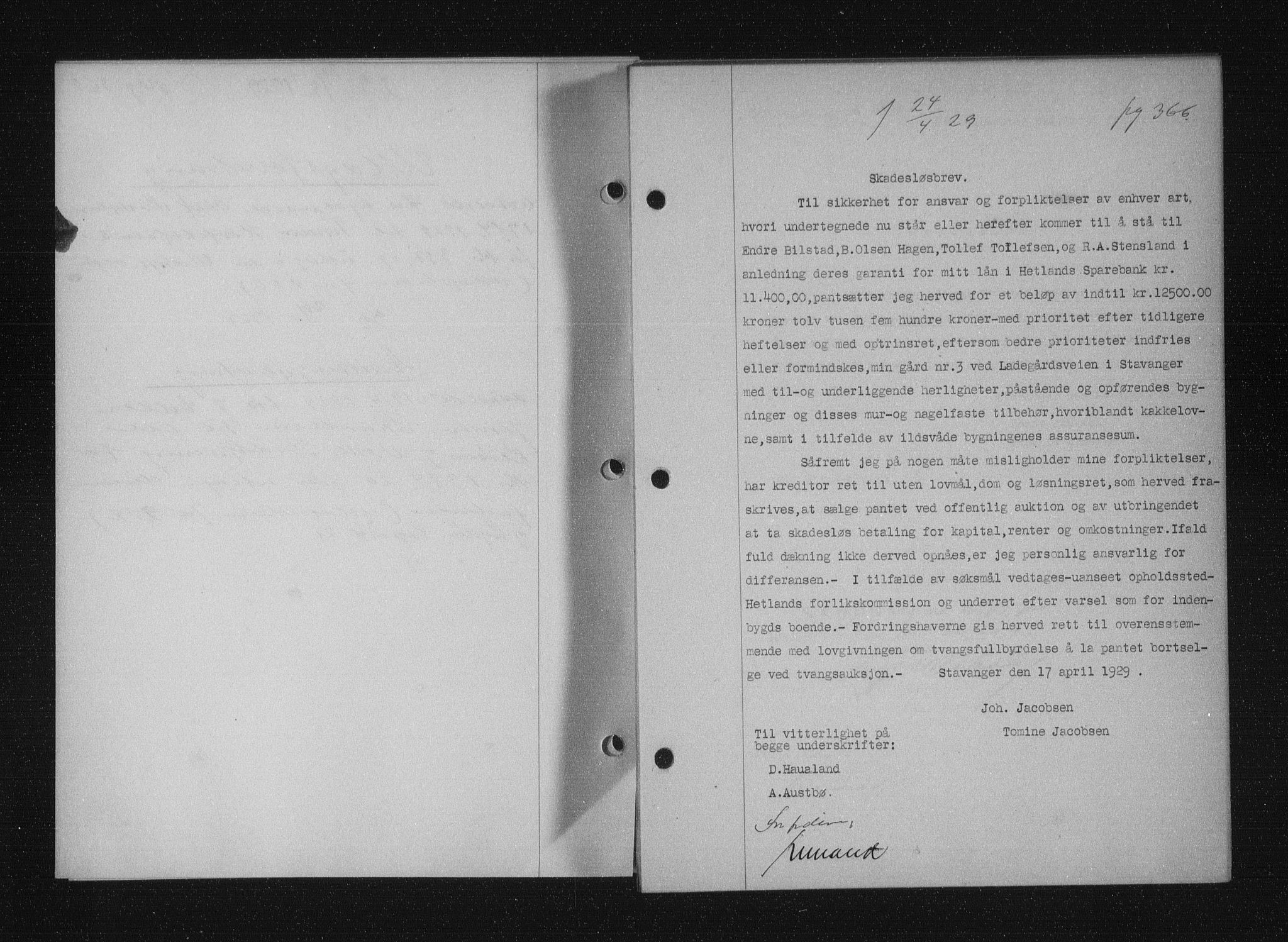 Stavanger byfogd, SAST/A-101408/001/4/41/410/410BB/L0055: Mortgage book no. 43, 1928-1929, Deed date: 24.04.1929