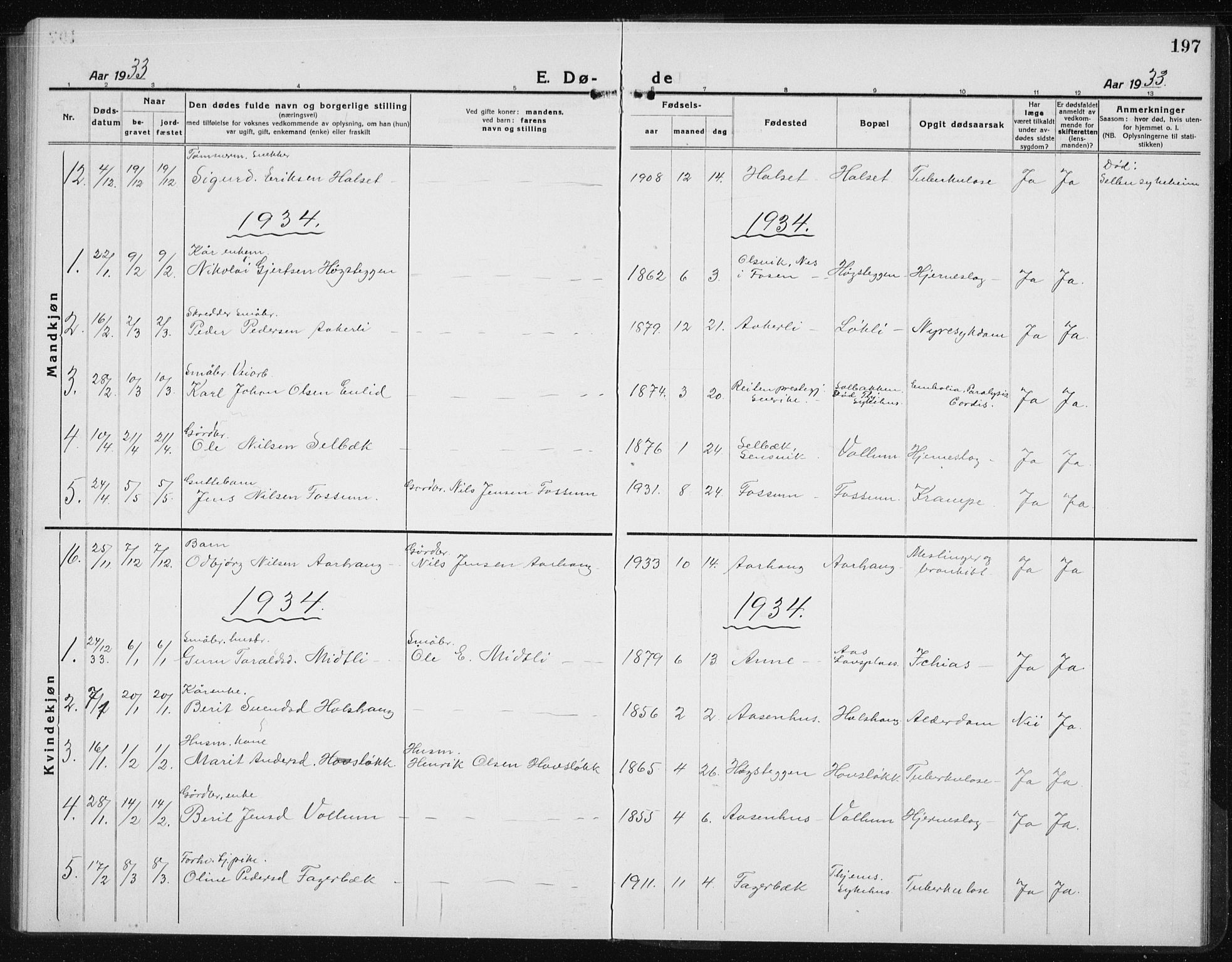 Ministerialprotokoller, klokkerbøker og fødselsregistre - Sør-Trøndelag, SAT/A-1456/689/L1045: Parish register (copy) no. 689C04, 1923-1940, p. 197