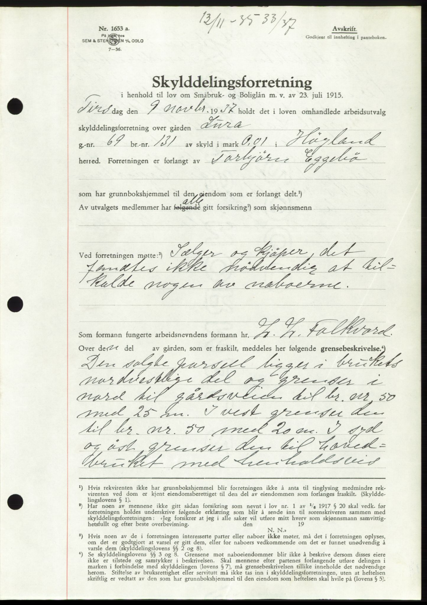 Jæren sorenskriveri, SAST/A-100310/03/G/Gba/L0069: Mortgage book, 1937-1937, Diary no: : 3533/1937