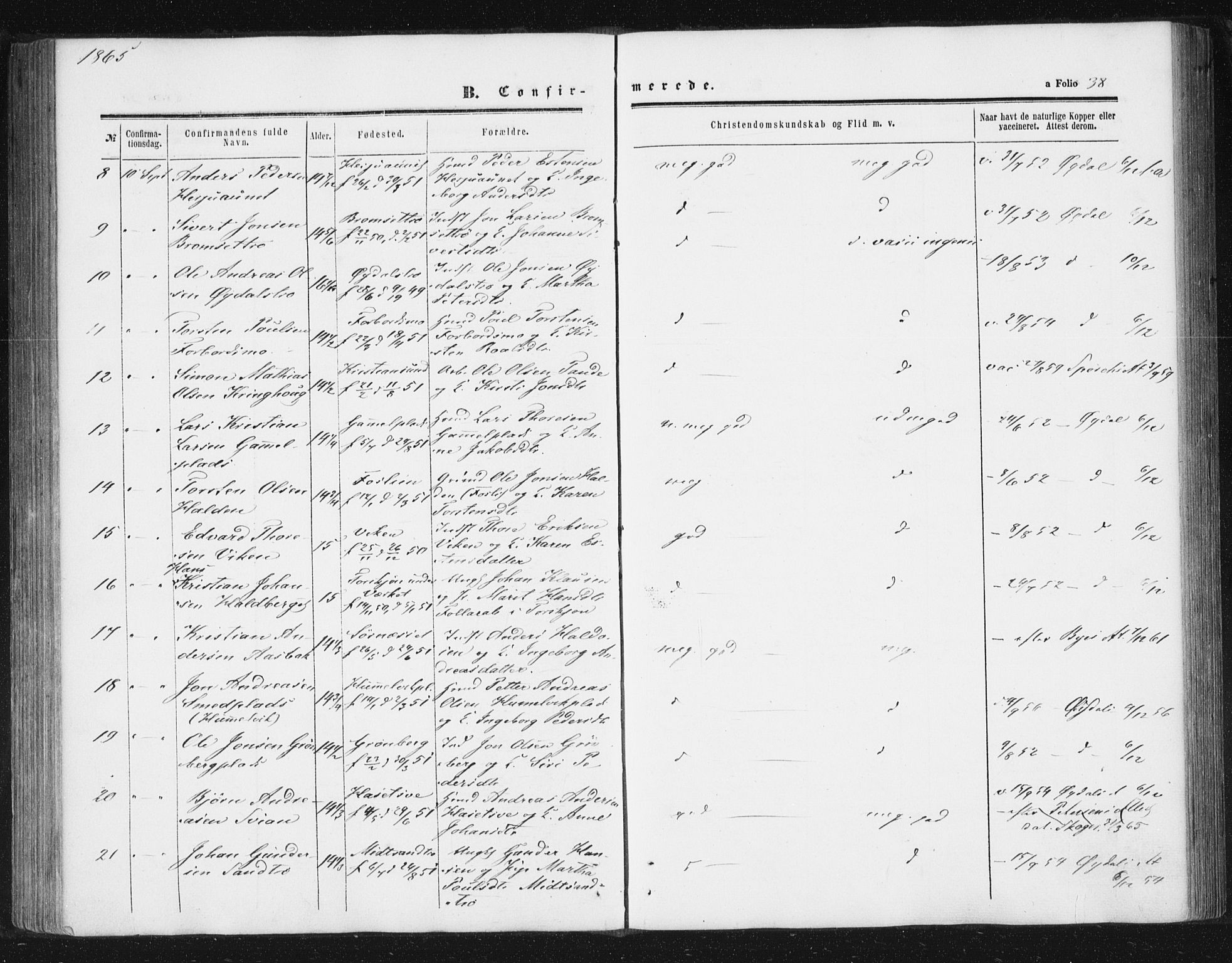 Ministerialprotokoller, klokkerbøker og fødselsregistre - Sør-Trøndelag, SAT/A-1456/616/L0408: Parish register (official) no. 616A05, 1857-1865, p. 38