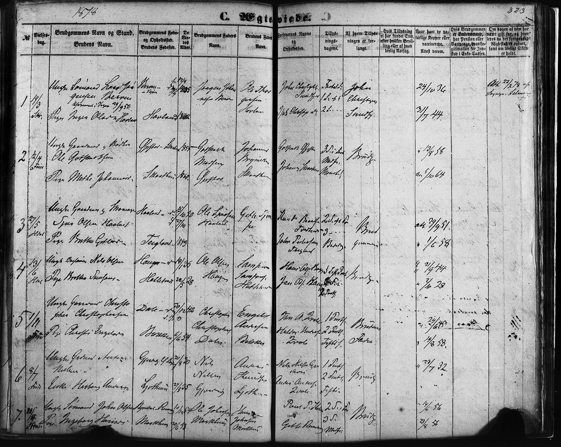 Fusa sokneprestembete, AV/SAB-A-75401/H/Haa: Parish register (official) no. A 1I, 1855-1879, p. 323