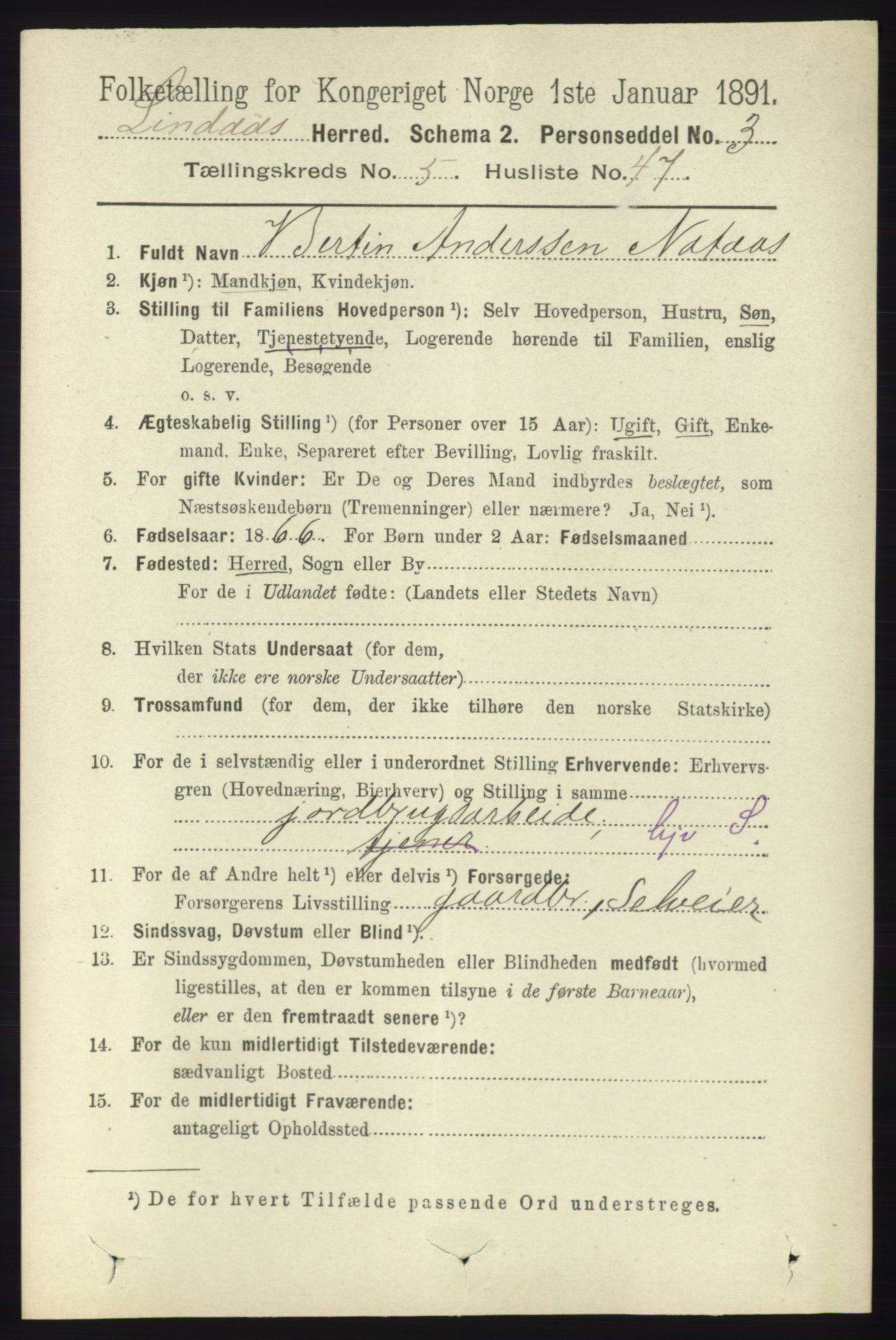 RA, 1891 census for 1263 Lindås, 1891, p. 1813