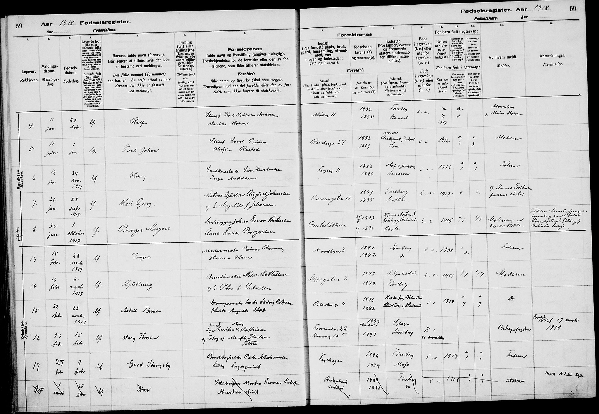 Tønsberg kirkebøker, AV/SAKO-A-330/J/Ja/L0001: Birth register no. 1, 1916-1922, p. 59