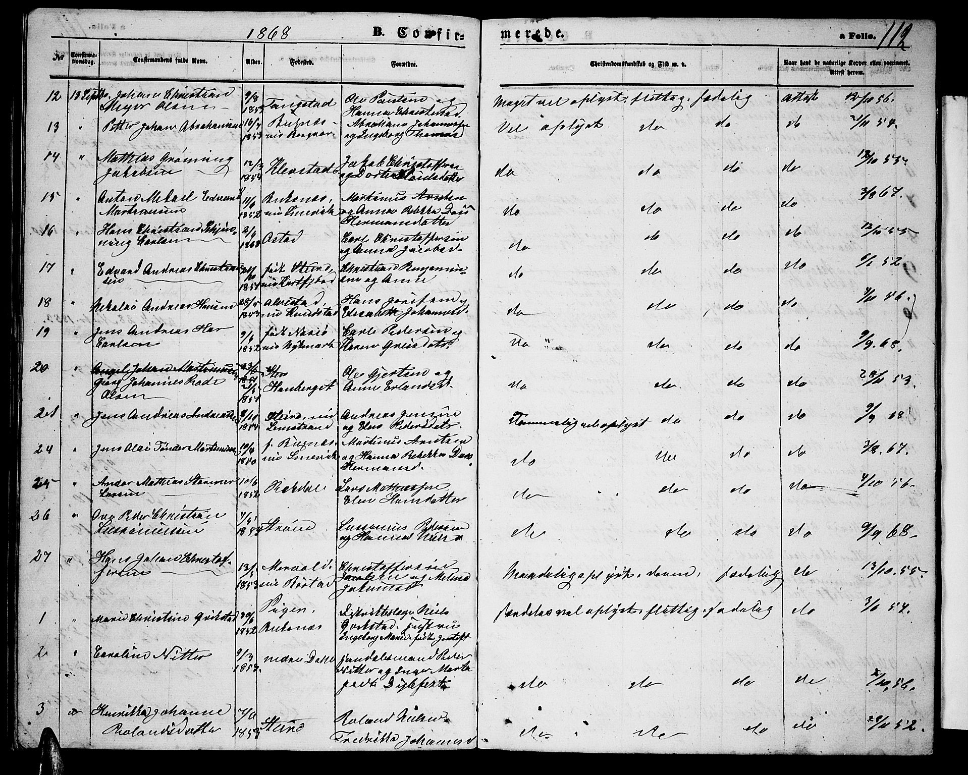 Ministerialprotokoller, klokkerbøker og fødselsregistre - Nordland, AV/SAT-A-1459/880/L1140: Parish register (copy) no. 880C02, 1861-1875, p. 112