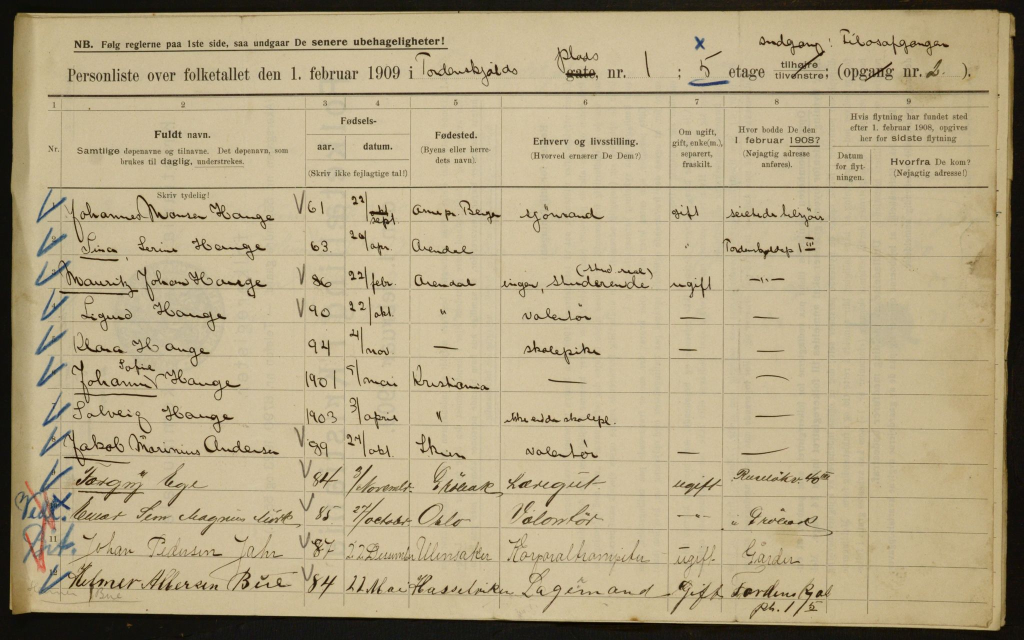 OBA, Municipal Census 1909 for Kristiania, 1909, p. 103225