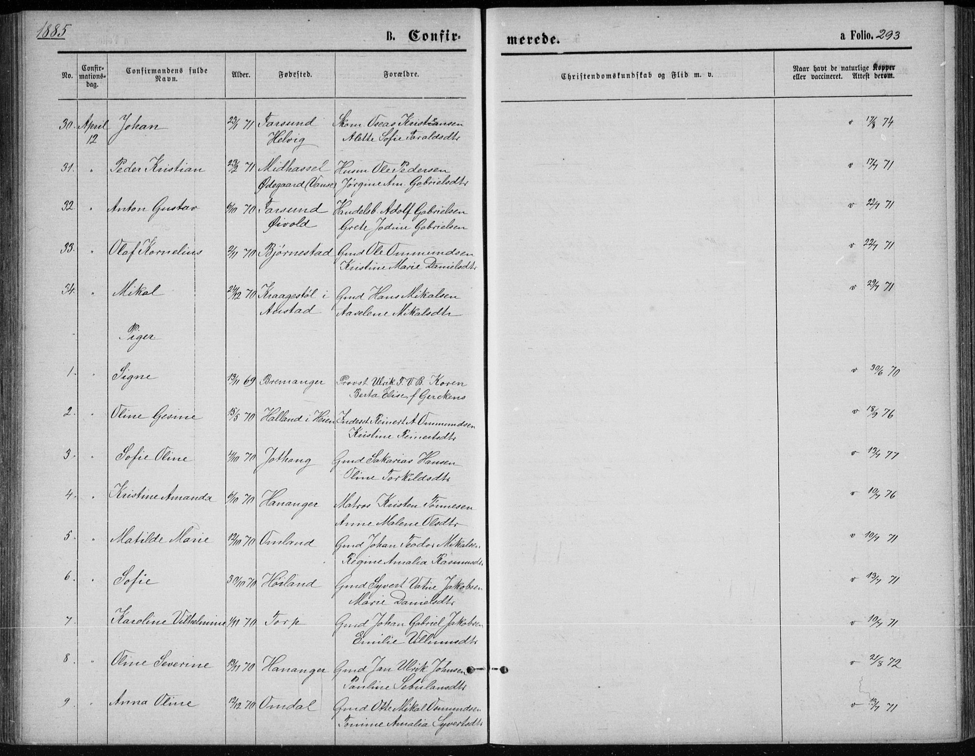 Lista sokneprestkontor, SAK/1111-0027/F/Fb/L0004: Parish register (copy) no. B 4, 1877-1891, p. 293