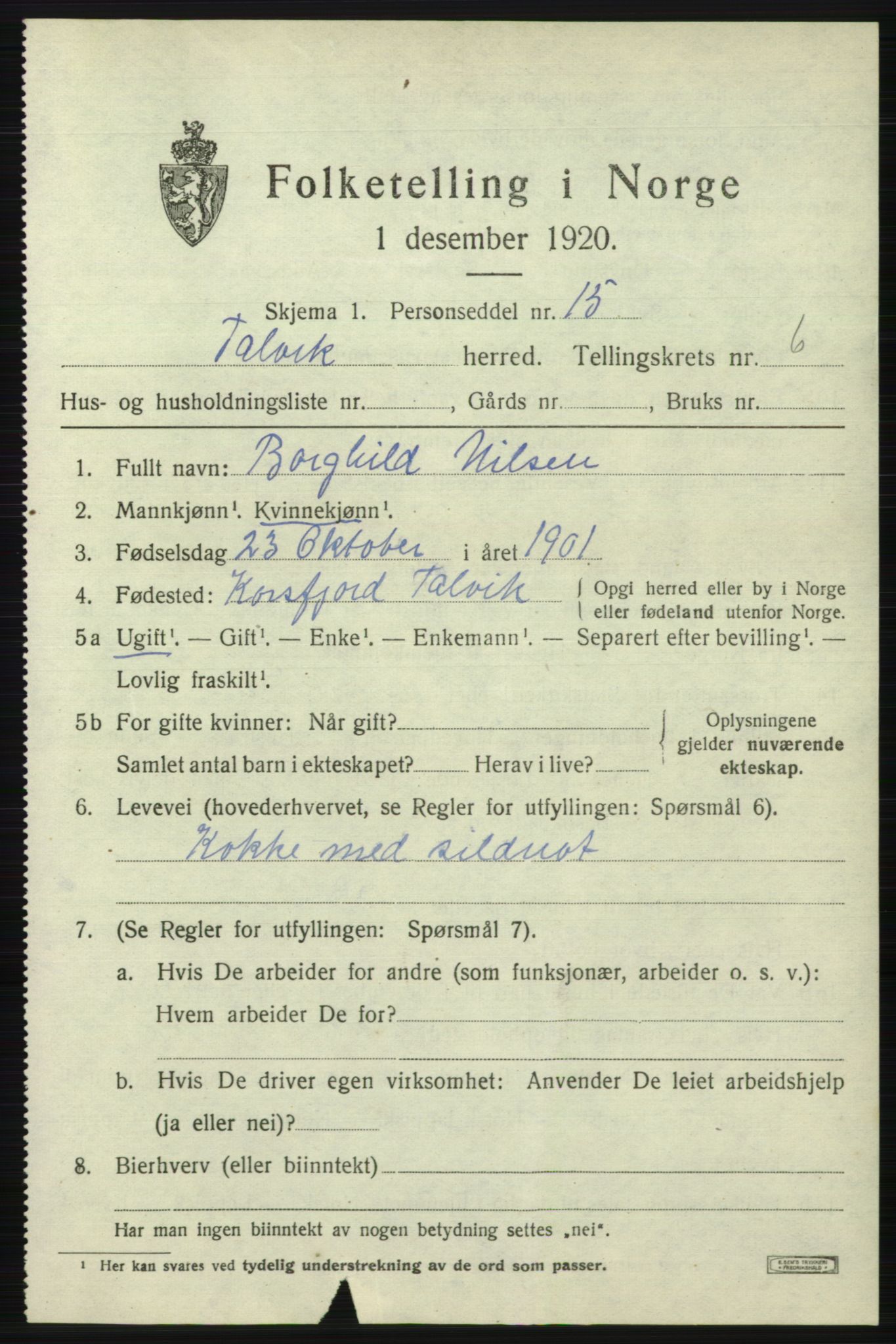 SATØ, 1920 census for Talvik, 1920, p. 4046