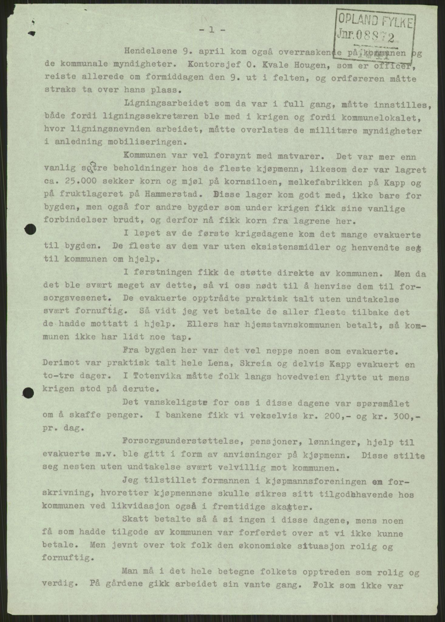 Forsvaret, Forsvarets krigshistoriske avdeling, AV/RA-RAFA-2017/Y/Ya/L0014: II-C-11-31 - Fylkesmenn.  Rapporter om krigsbegivenhetene 1940., 1940, p. 274