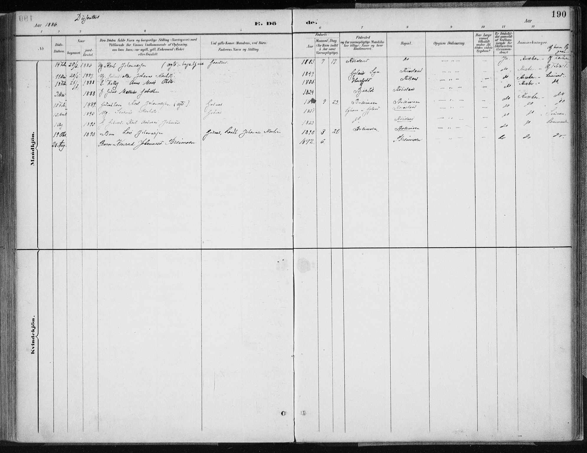 Kvinesdal sokneprestkontor, SAK/1111-0026/F/Fa/Fab/L0008: Parish register (official) no. A 8, 1886-1897, p. 190