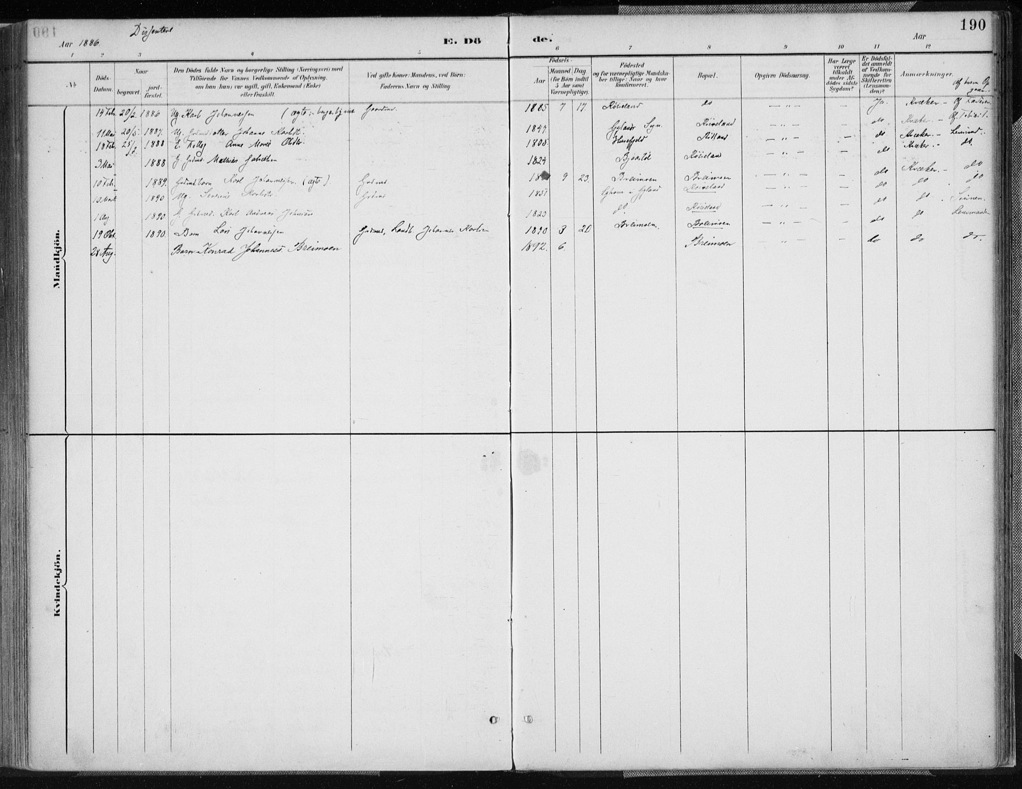 Kvinesdal sokneprestkontor, AV/SAK-1111-0026/F/Fa/Fab/L0008: Parish register (official) no. A 8, 1886-1897, p. 190