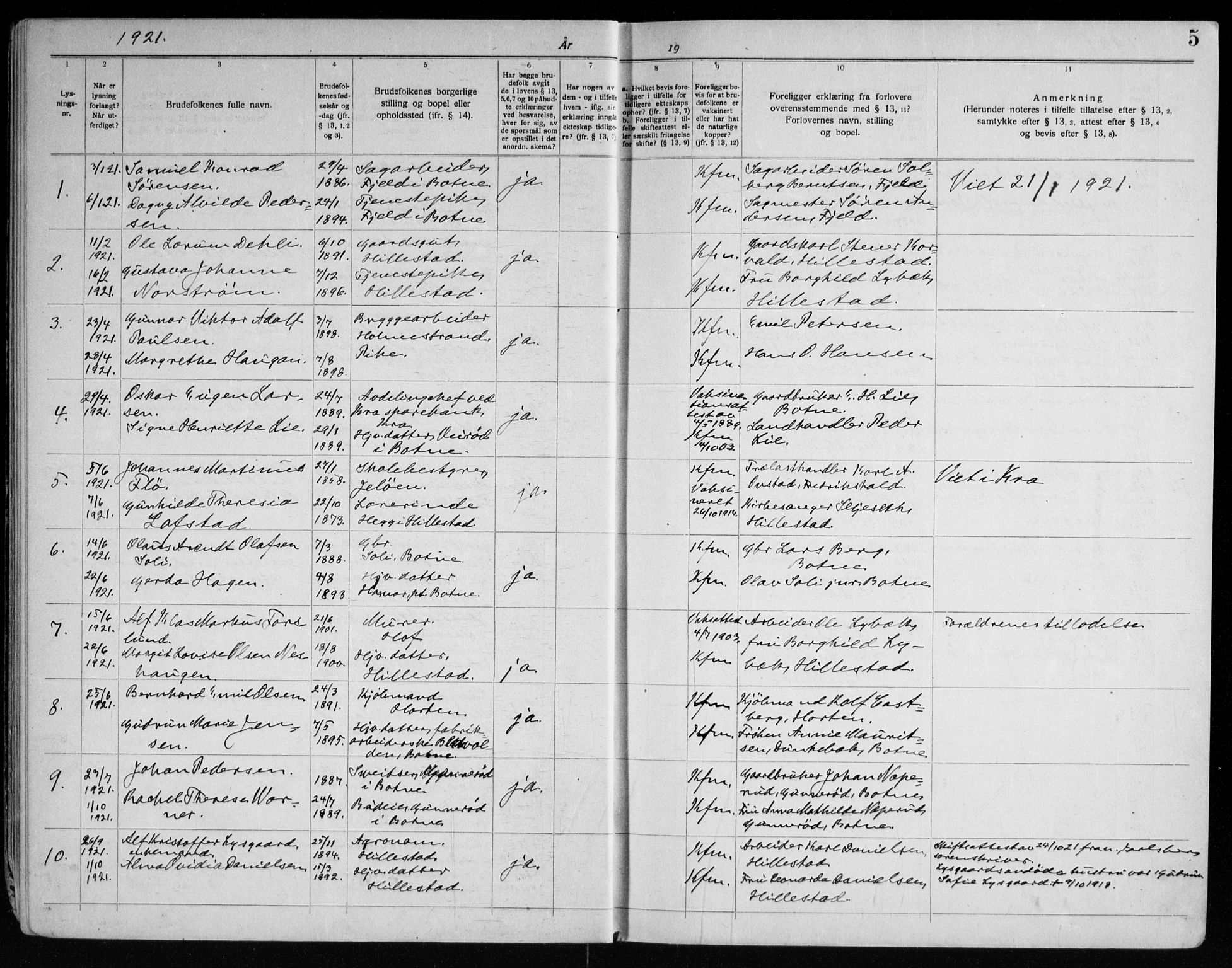 Botne kirkebøker, AV/SAKO-A-340/H/Ha/L0001: Banns register no. 1, 1919-1965, p. 5