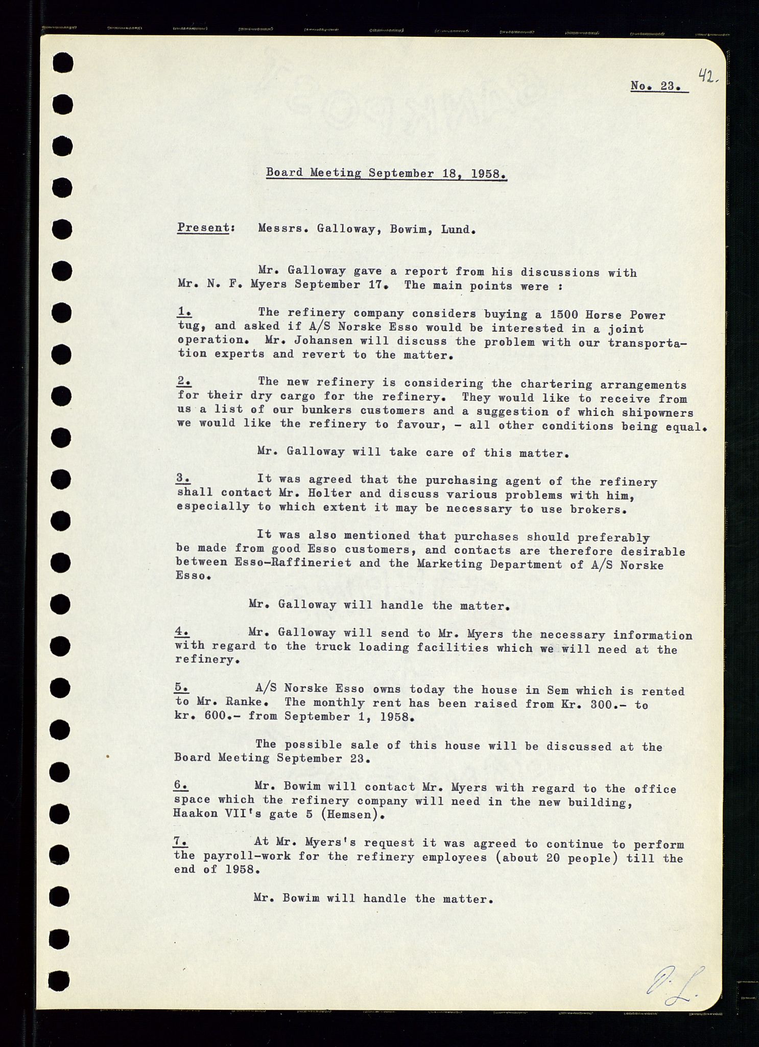 Pa 0982 - Esso Norge A/S, AV/SAST-A-100448/A/Aa/L0001/0001: Den administrerende direksjon Board minutes (styrereferater) / Den administrerende direksjon Board minutes (styrereferater), 1958-1959, p. 42