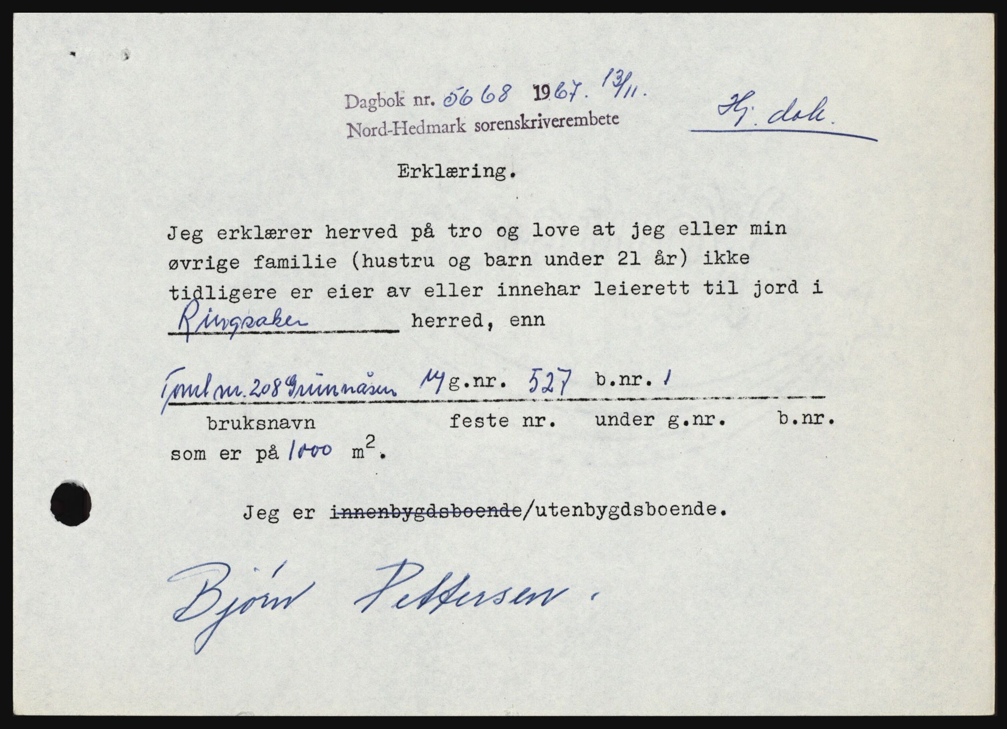 Nord-Hedmark sorenskriveri, SAH/TING-012/H/Hc/L0027: Mortgage book no. 27, 1967-1968, Diary no: : 5668/1967