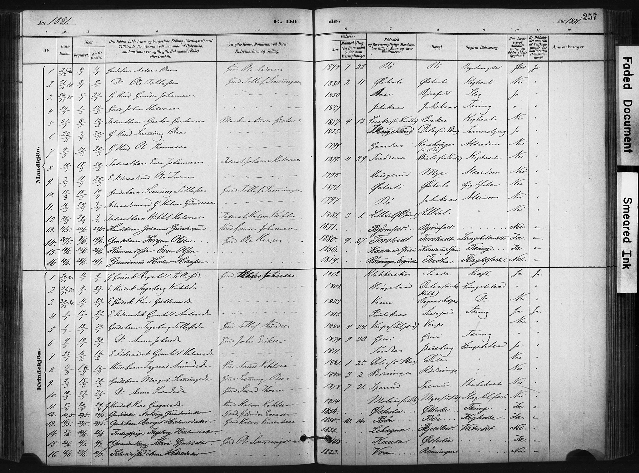 Bø kirkebøker, SAKO/A-257/F/Fa/L0010: Parish register (official) no. 10, 1880-1892, p. 257