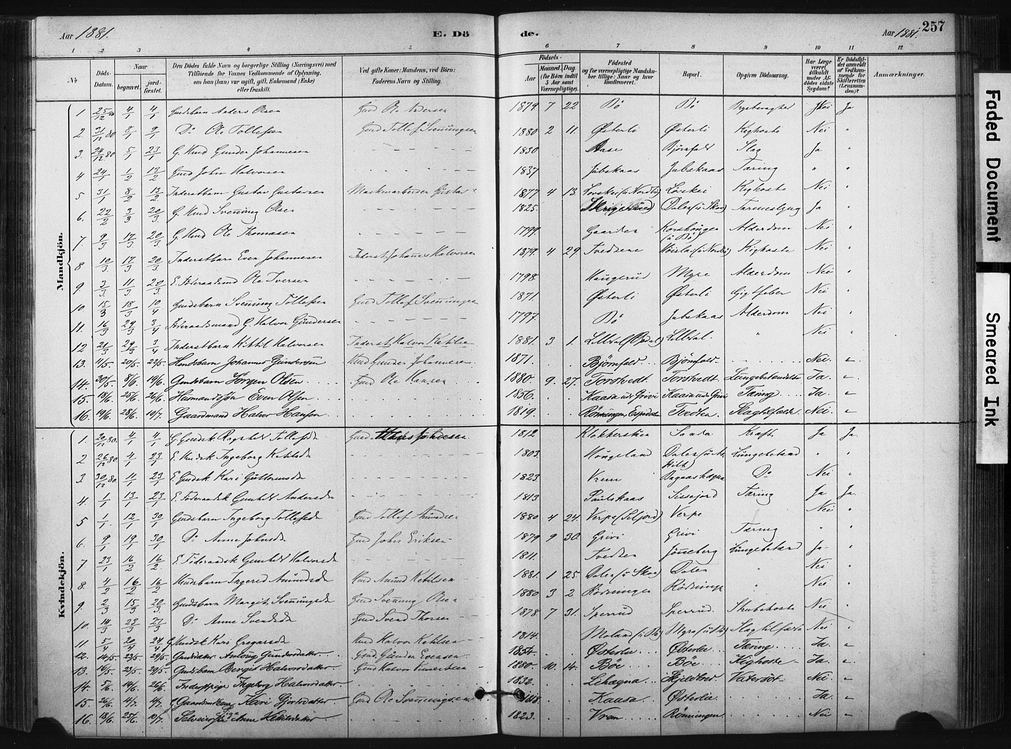 Bø kirkebøker, AV/SAKO-A-257/F/Fa/L0010: Parish register (official) no. 10, 1880-1892, p. 257