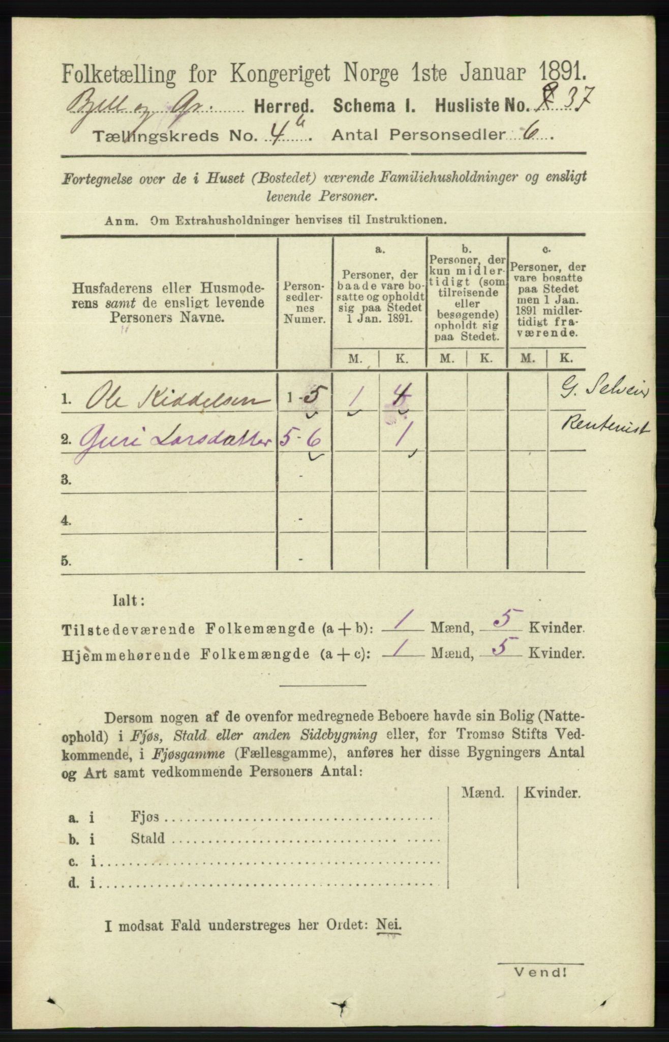 RA, 1891 census for 1024 Bjelland og Grindheim, 1891, p. 2064