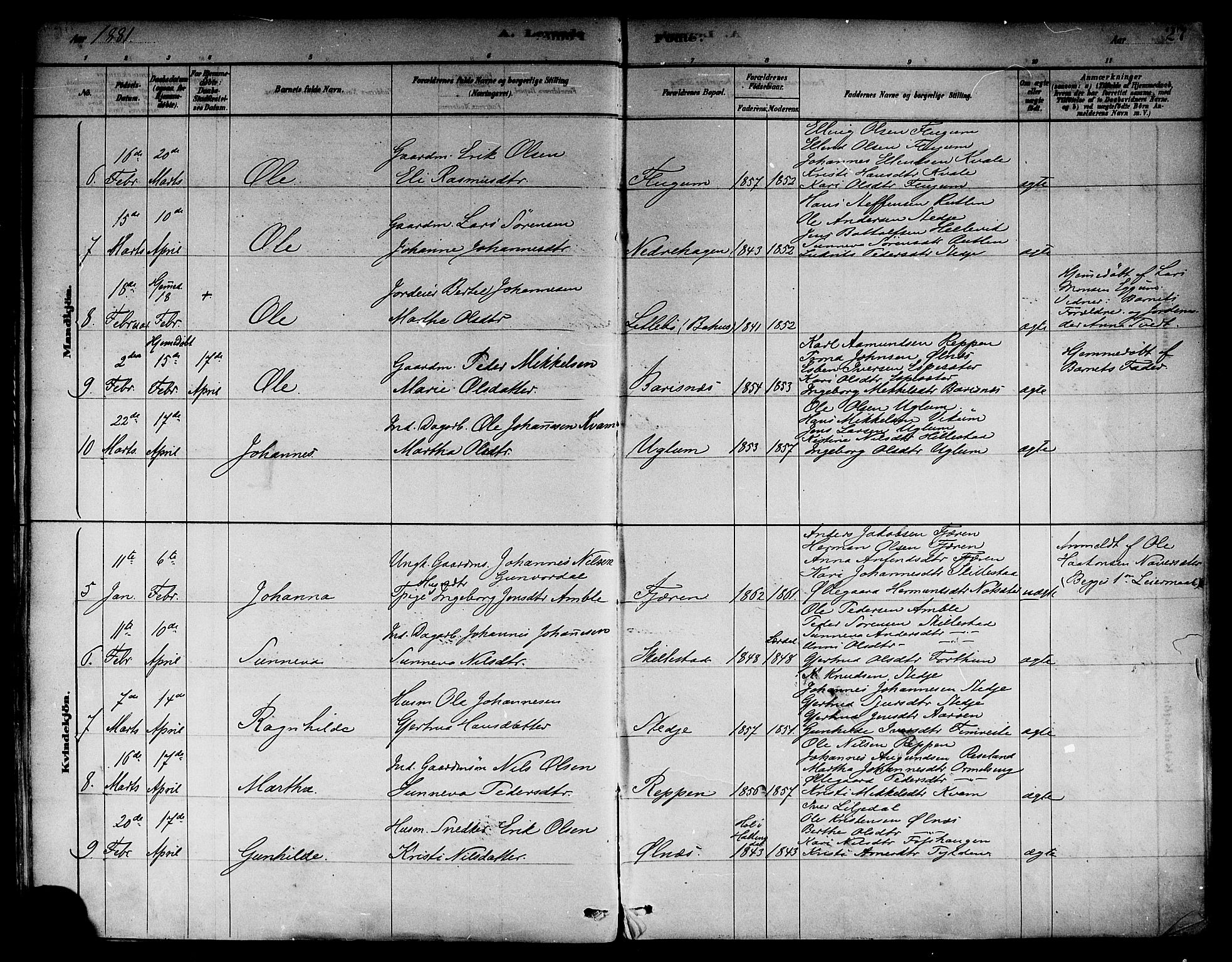 Sogndal sokneprestembete, AV/SAB-A-81301/H/Haa/Haab/L0001: Parish register (official) no. B 1, 1878-1899, p. 27