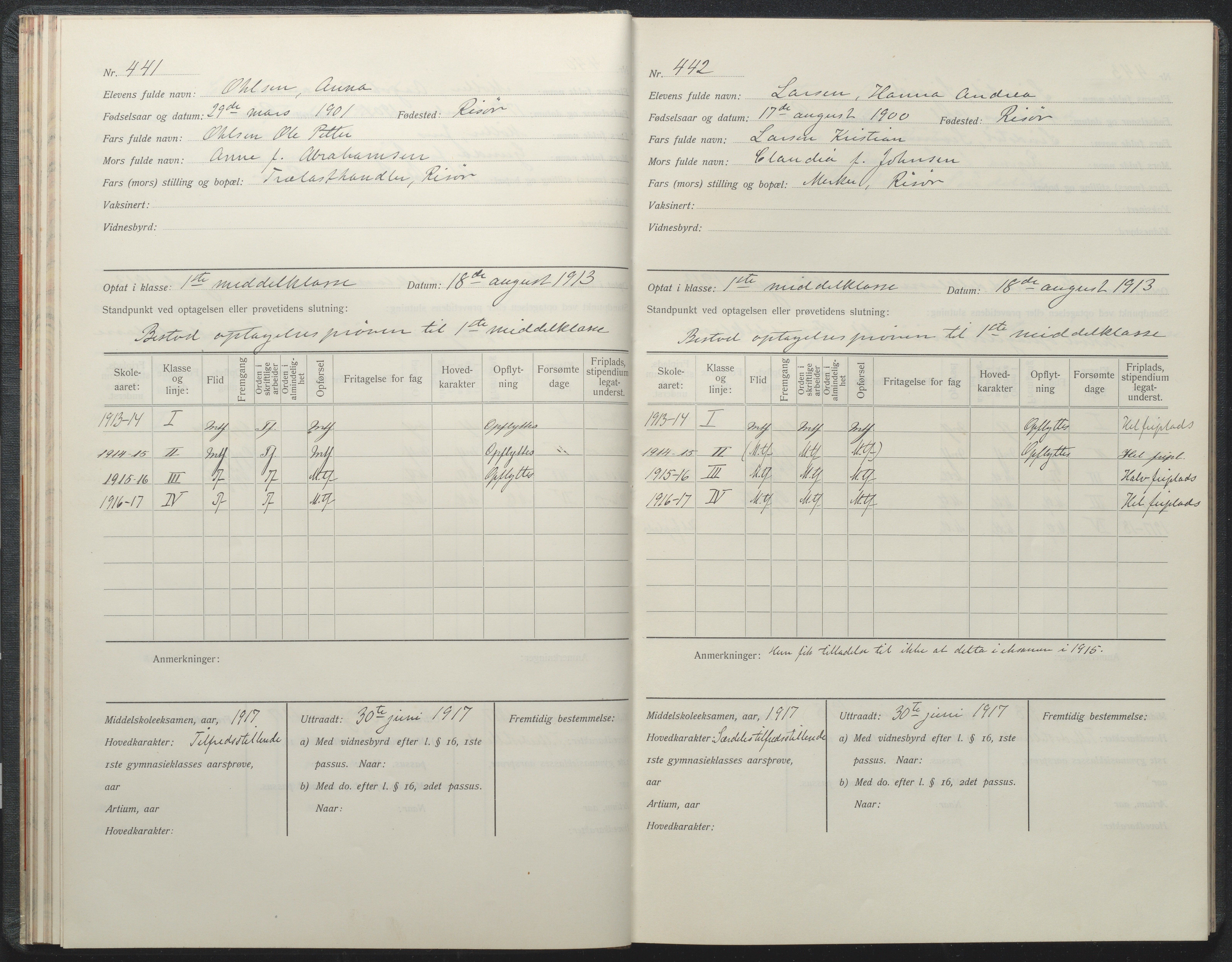 Risør kommune, AAKS/KA0901-PK/1/05/05i/L0002: Manntallsprotokoll, 1911-1925, p. 441-442