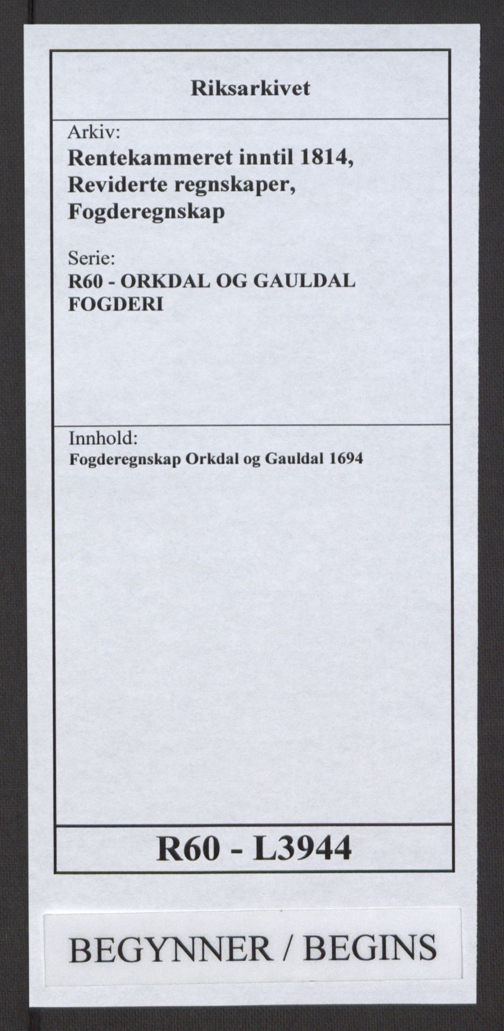 Rentekammeret inntil 1814, Reviderte regnskaper, Fogderegnskap, RA/EA-4092/R60/L3944: Fogderegnskap Orkdal og Gauldal, 1694, p. 1