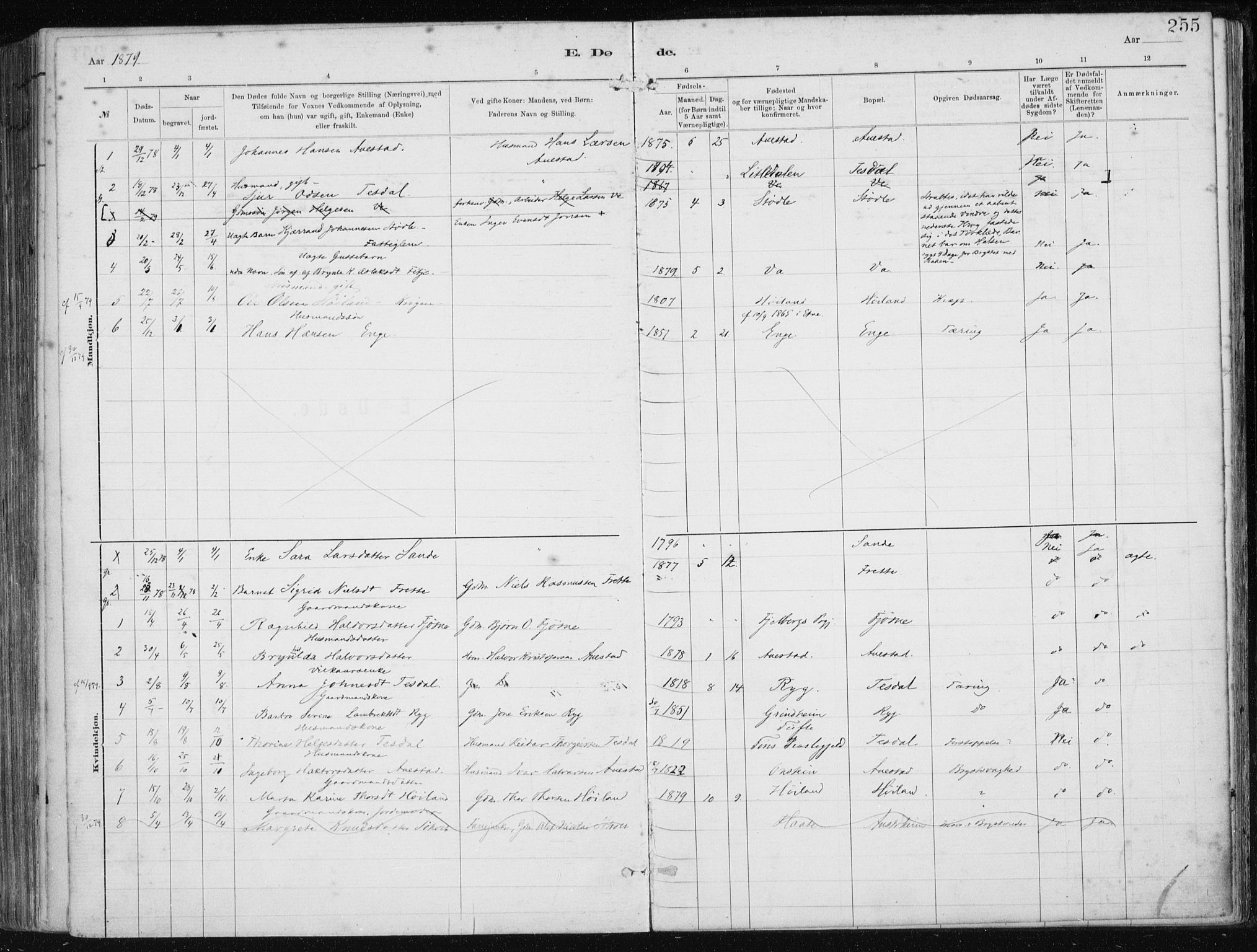 Etne sokneprestembete, SAB/A-75001/H/Haa: Parish register (official) no. B  1, 1879-1919, p. 255