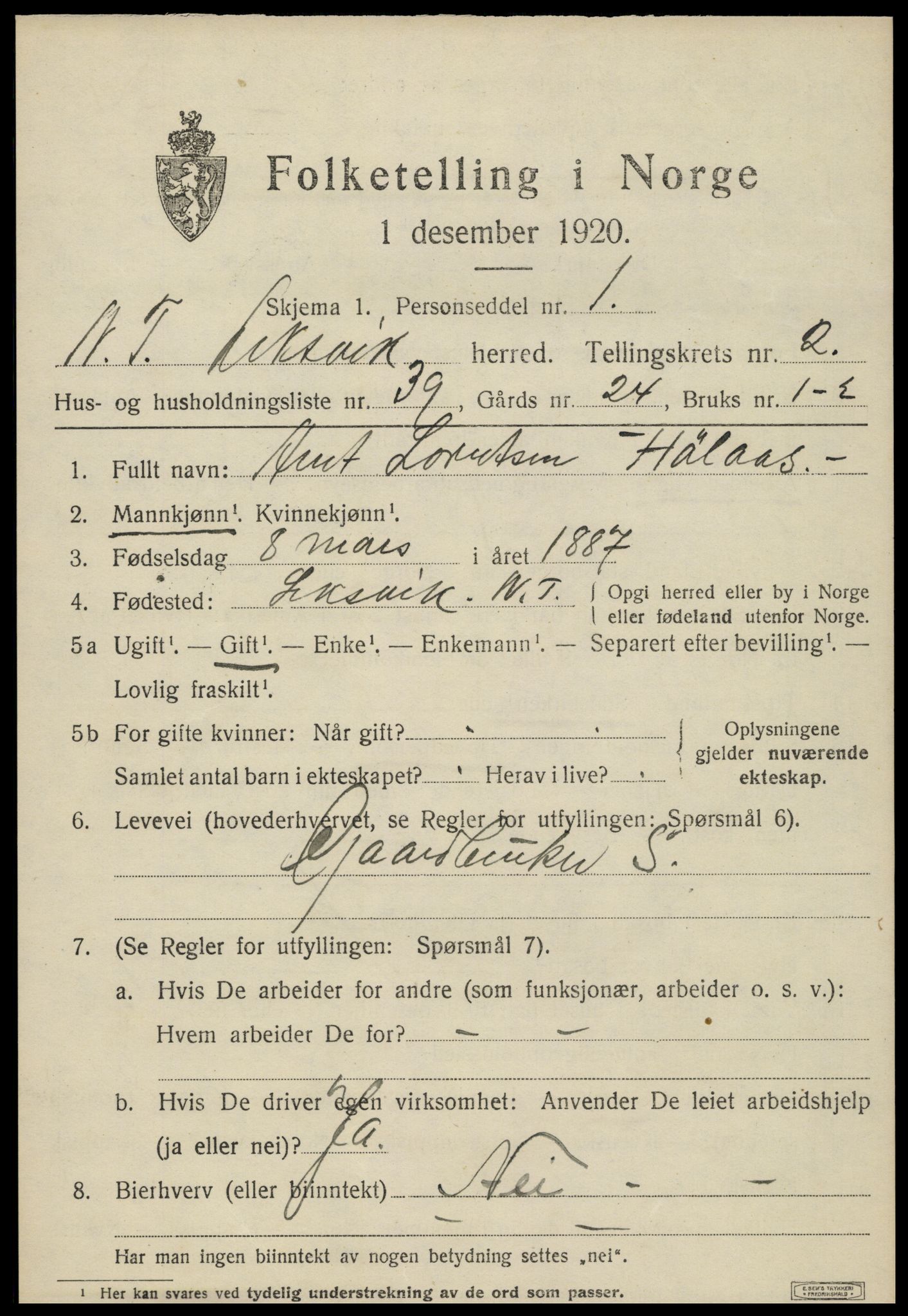 SAT, 1920 census for Leksvik, 1920, p. 2208