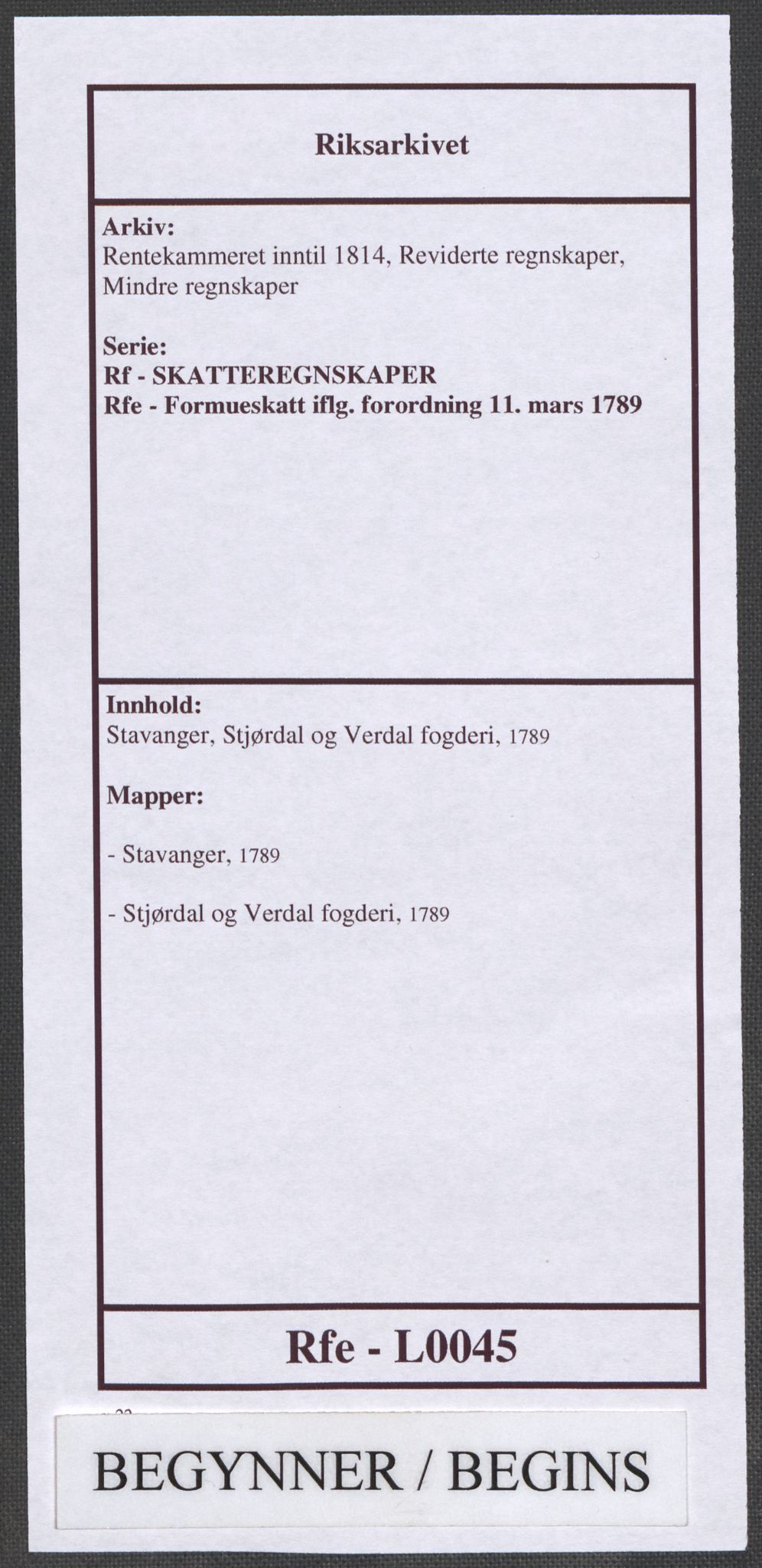 Rentekammeret inntil 1814, Reviderte regnskaper, Mindre regnskaper, AV/RA-EA-4068/Rf/Rfe/L0045: Stavanger, Stjørdal og Verdal fogderi, 1789, p. 1