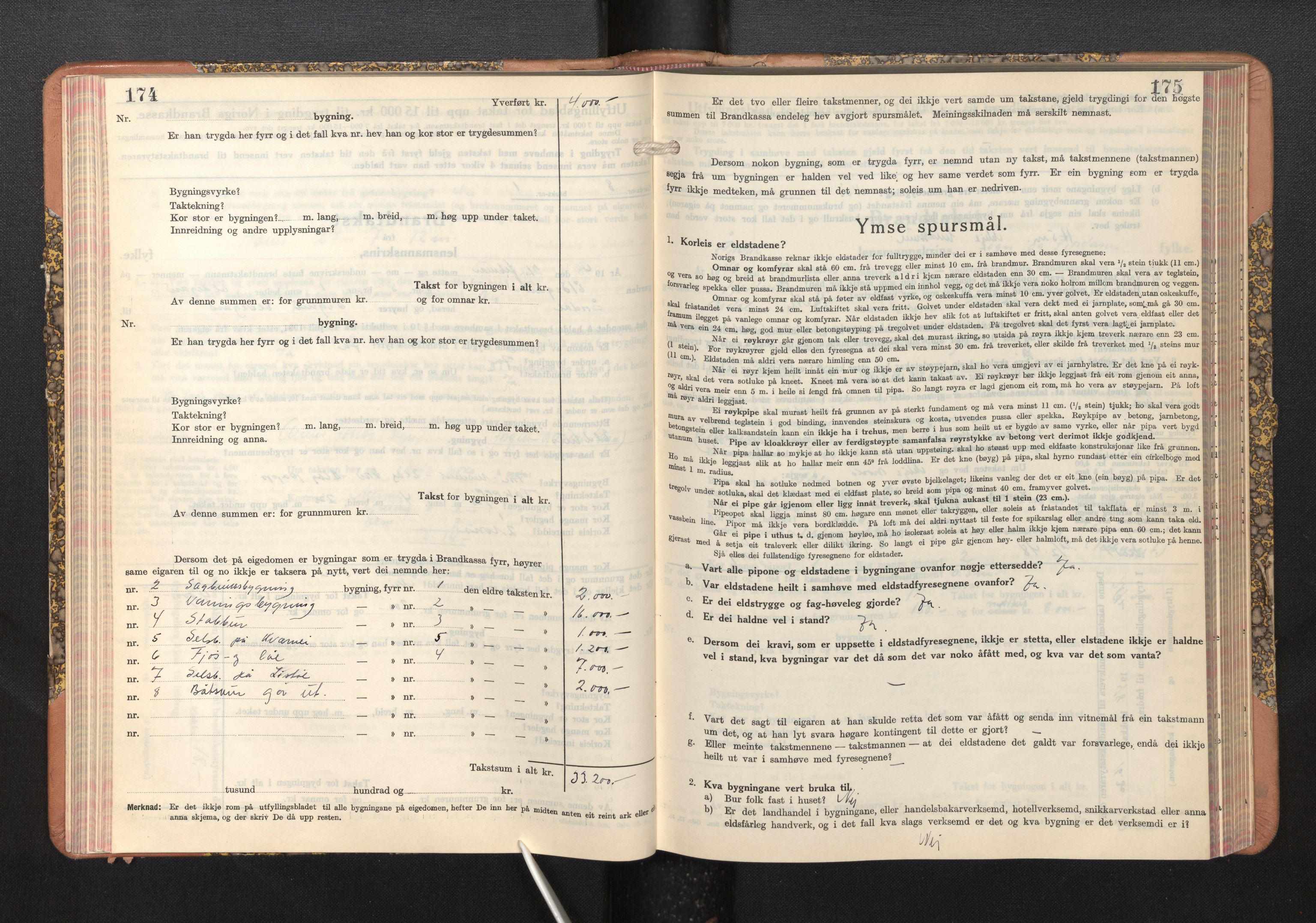 Lensmannen i Årdal, AV/SAB-A-30501/0012/L0011: Branntakstprotokoll, skjematakst, 1939-1948, p. 174-175