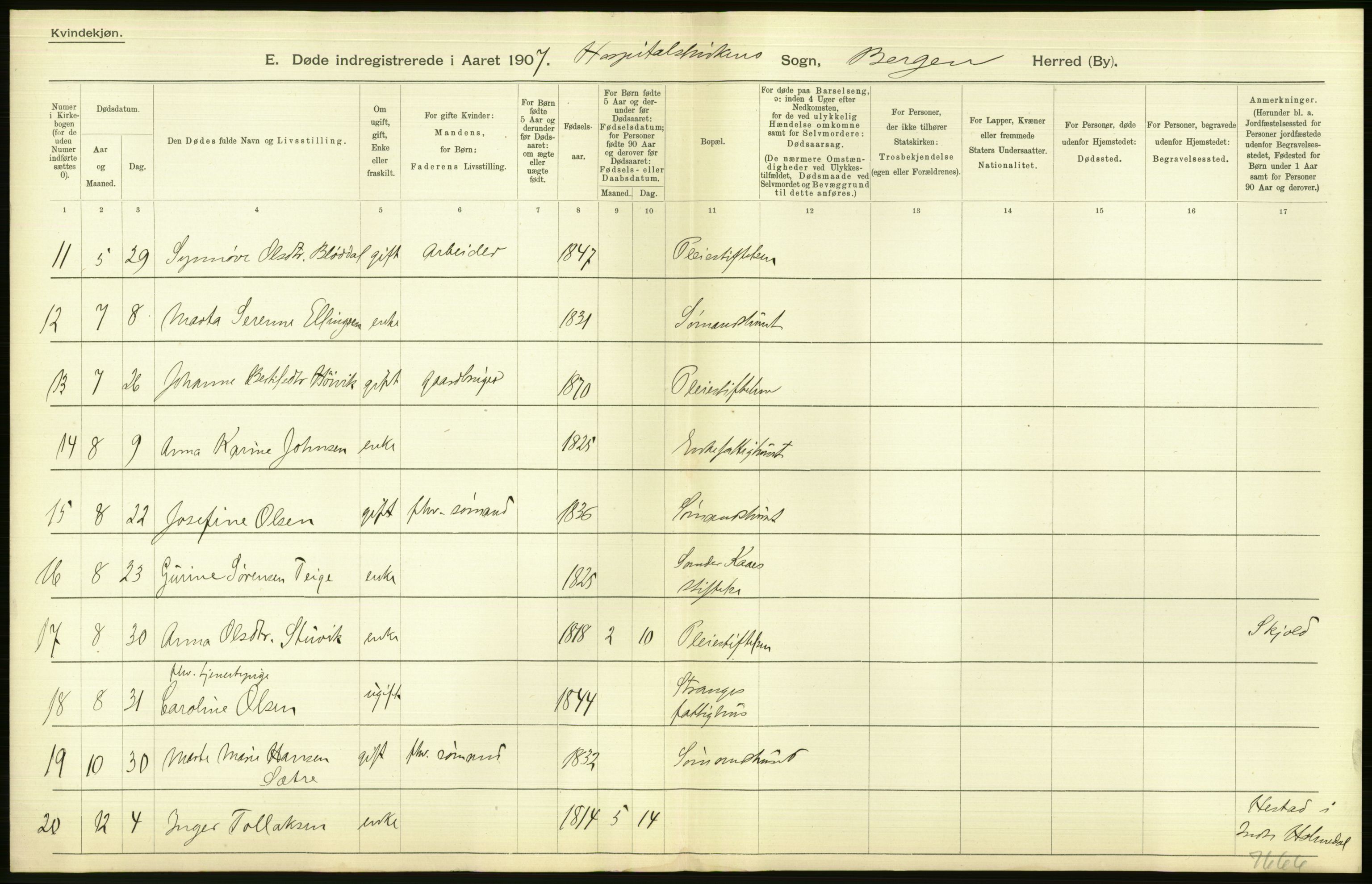 Statistisk sentralbyrå, Sosiodemografiske emner, Befolkning, RA/S-2228/D/Df/Dfa/Dfae/L0031: Bergen: gifte, døde, dødfødte., 1907, p. 170