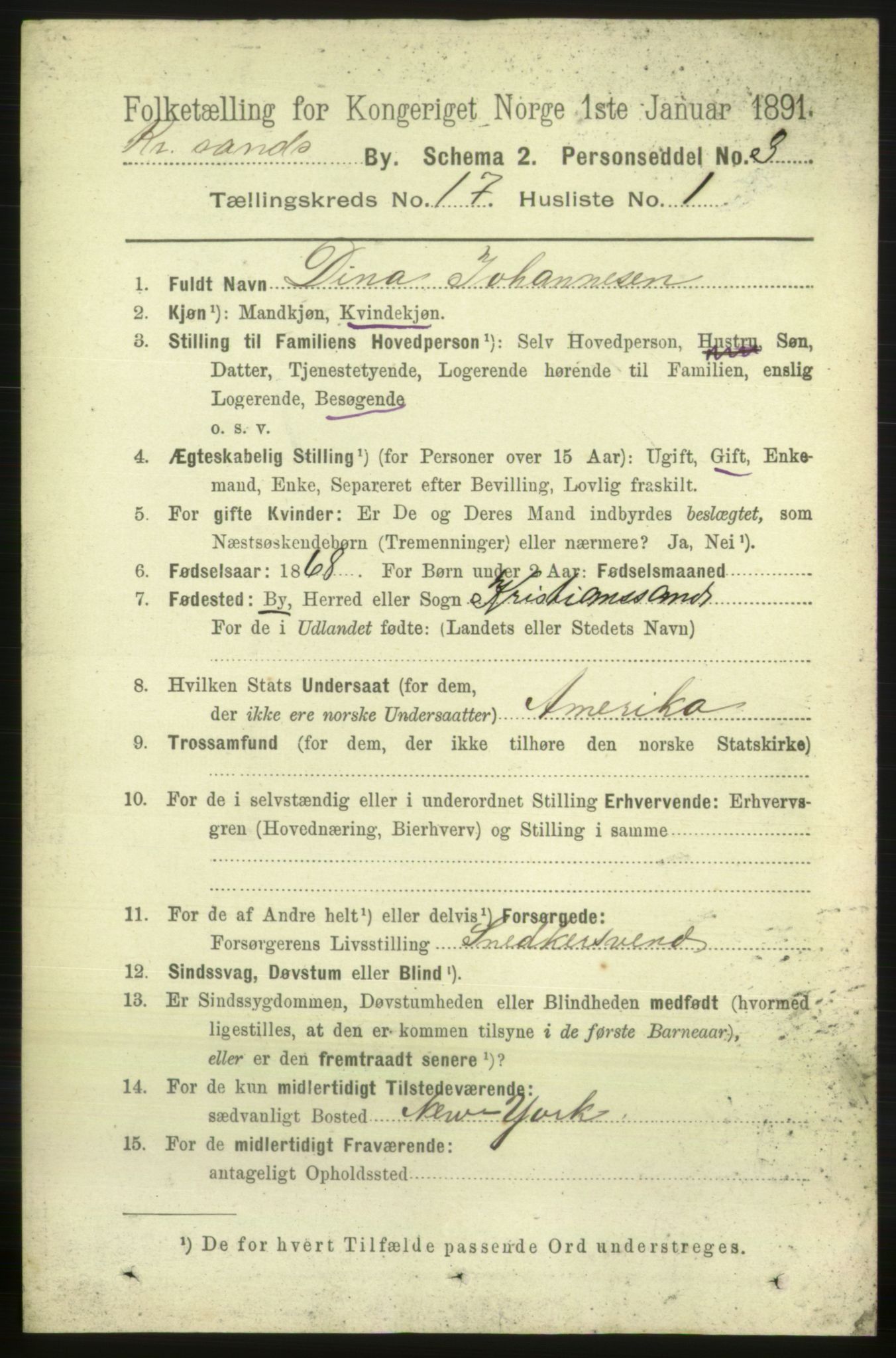 RA, 1891 census for 1001 Kristiansand, 1891, p. 6680