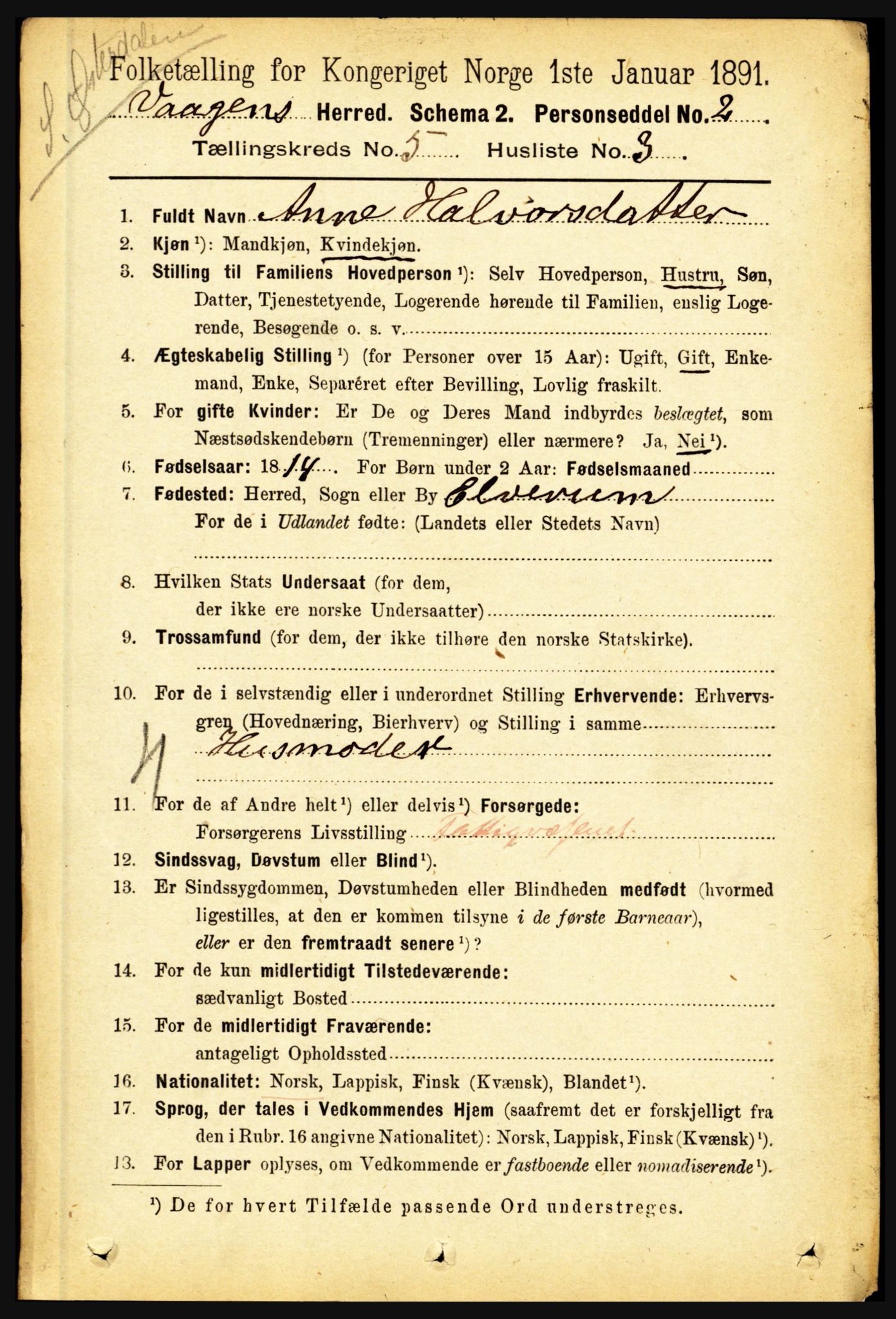 RA, 1891 census for 1865 Vågan, 1891, p. 1588