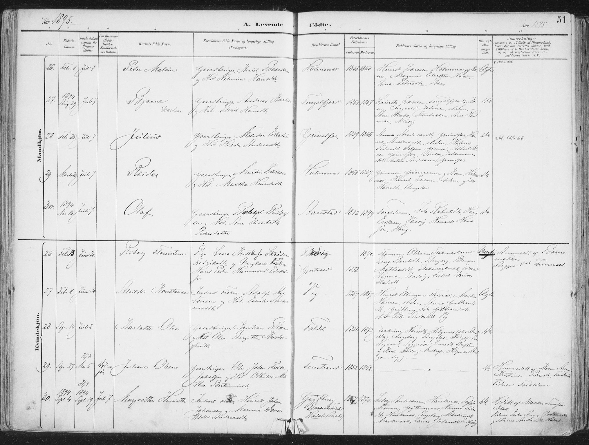 Ministerialprotokoller, klokkerbøker og fødselsregistre - Nordland, AV/SAT-A-1459/888/L1246: Parish register (official) no. 888A12, 1891-1903, p. 51