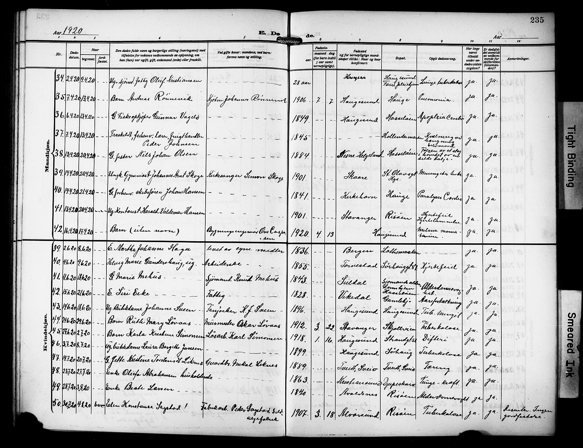 Haugesund sokneprestkontor, AV/SAST-A -101863/H/Ha/Hab/L0008: Parish register (copy) no. B 8, 1909-1921, p. 235