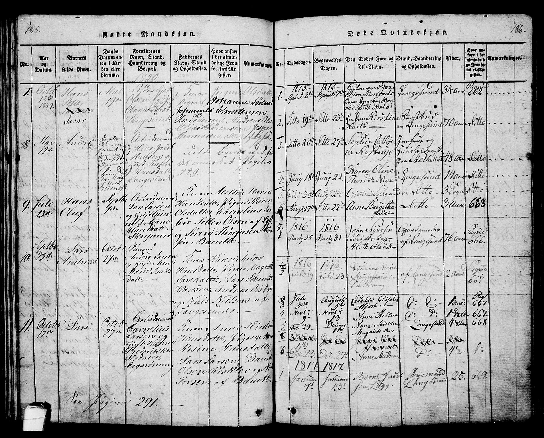 Langesund kirkebøker, SAKO/A-280/G/Ga/L0003: Parish register (copy) no. 3, 1815-1858, p. 185-186