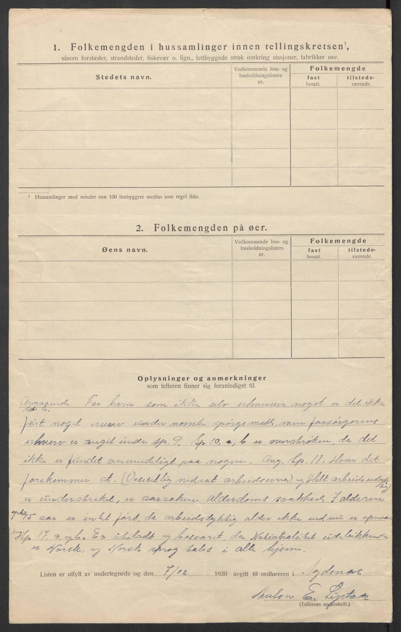 SAT, 1920 census for Agdenes, 1920, p. 8