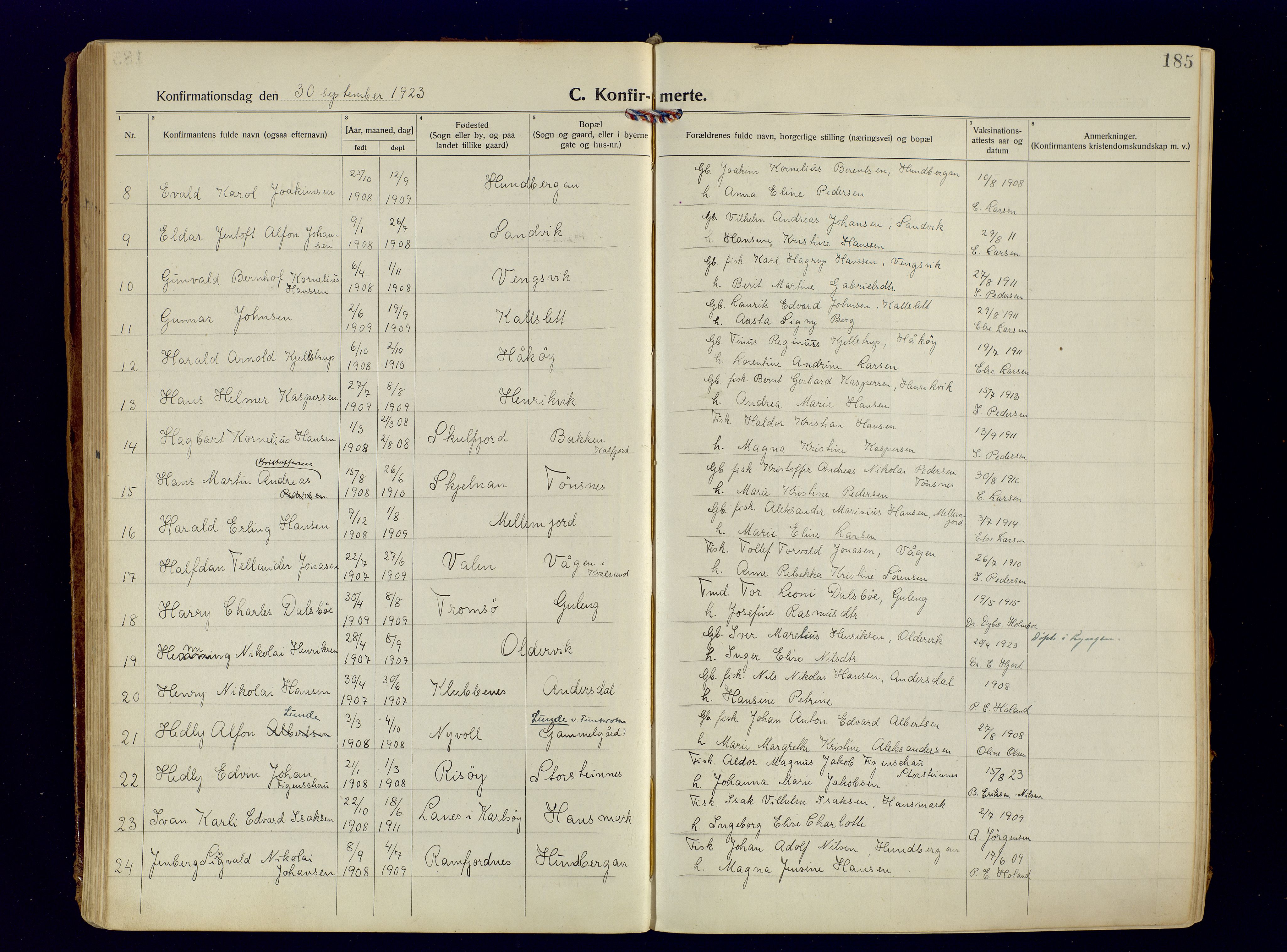 Tromsøysund sokneprestkontor, AV/SATØ-S-1304/G/Ga/L0009kirke: Parish register (official) no. 9, 1922-1934, p. 185