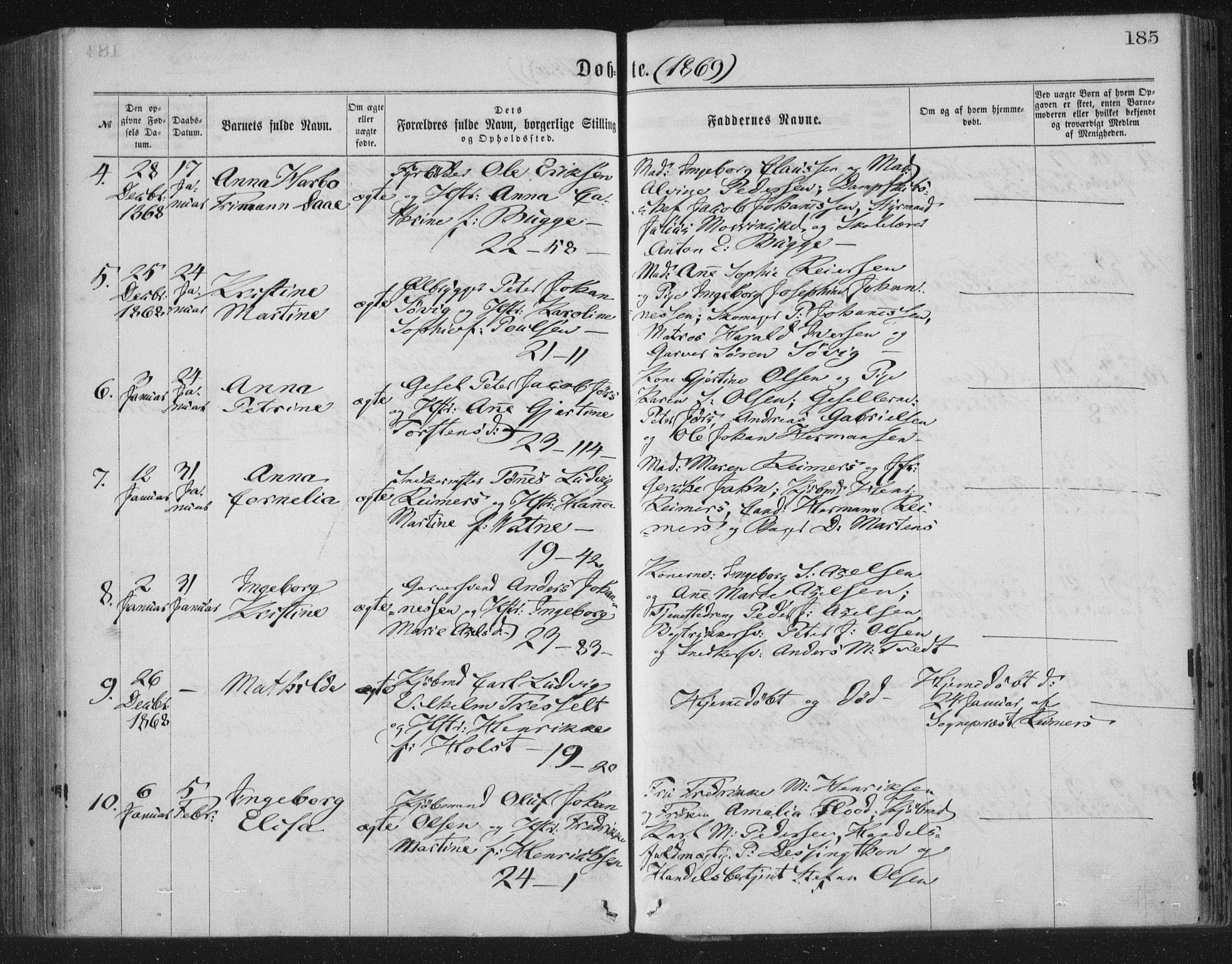 Korskirken sokneprestembete, AV/SAB-A-76101/H/Haa/L0019: Parish register (official) no. B 5, 1866-1871, p. 185