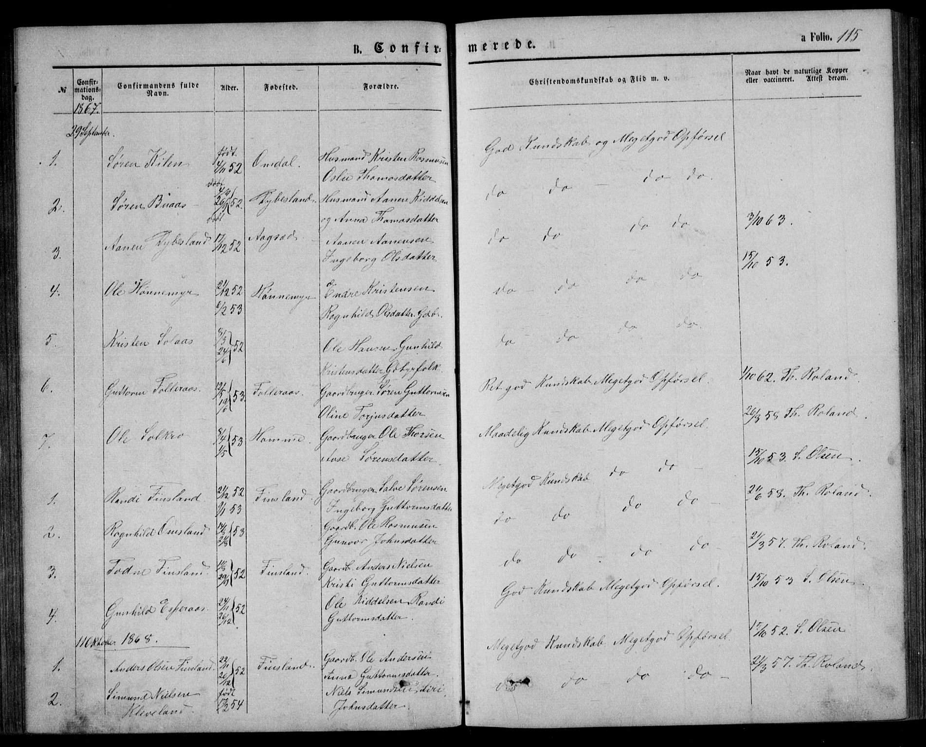 Bjelland sokneprestkontor, AV/SAK-1111-0005/F/Fb/Fbb/L0004: Parish register (copy) no. B 4, 1867-1887, p. 115