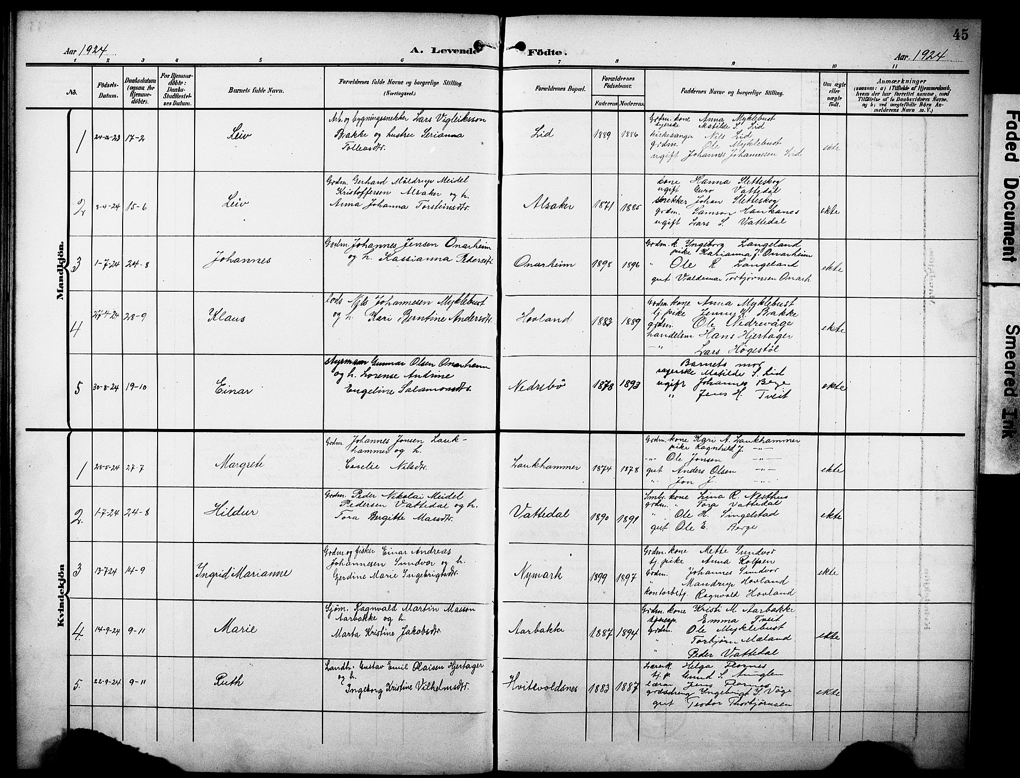 Tysnes sokneprestembete, AV/SAB-A-78601/H/Hab: Parish register (copy) no. C 3, 1908-1924, p. 45