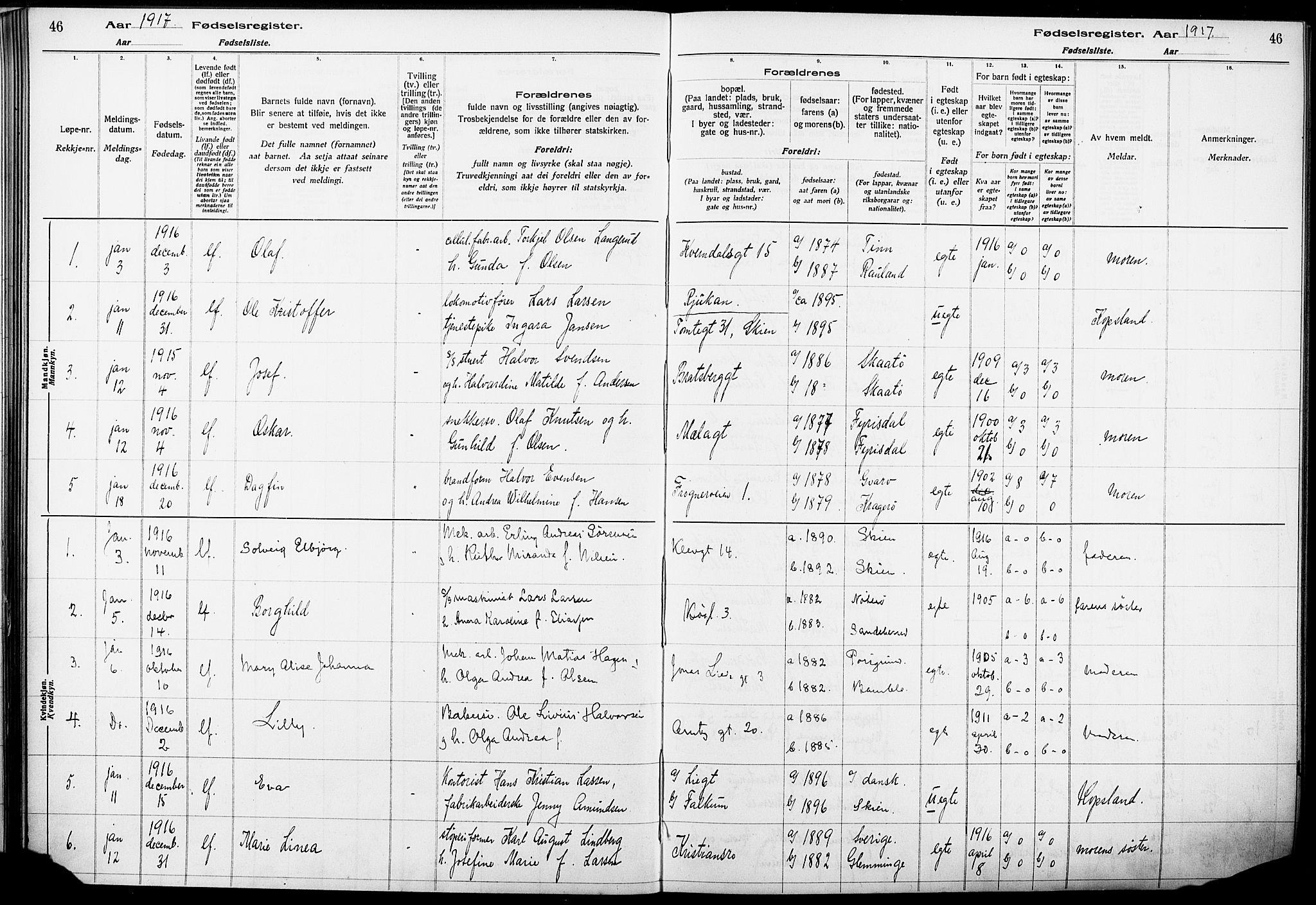 Skien kirkebøker, SAKO/A-302/J/Ja/L0001: Birth register no. 1, 1916-1920, p. 46