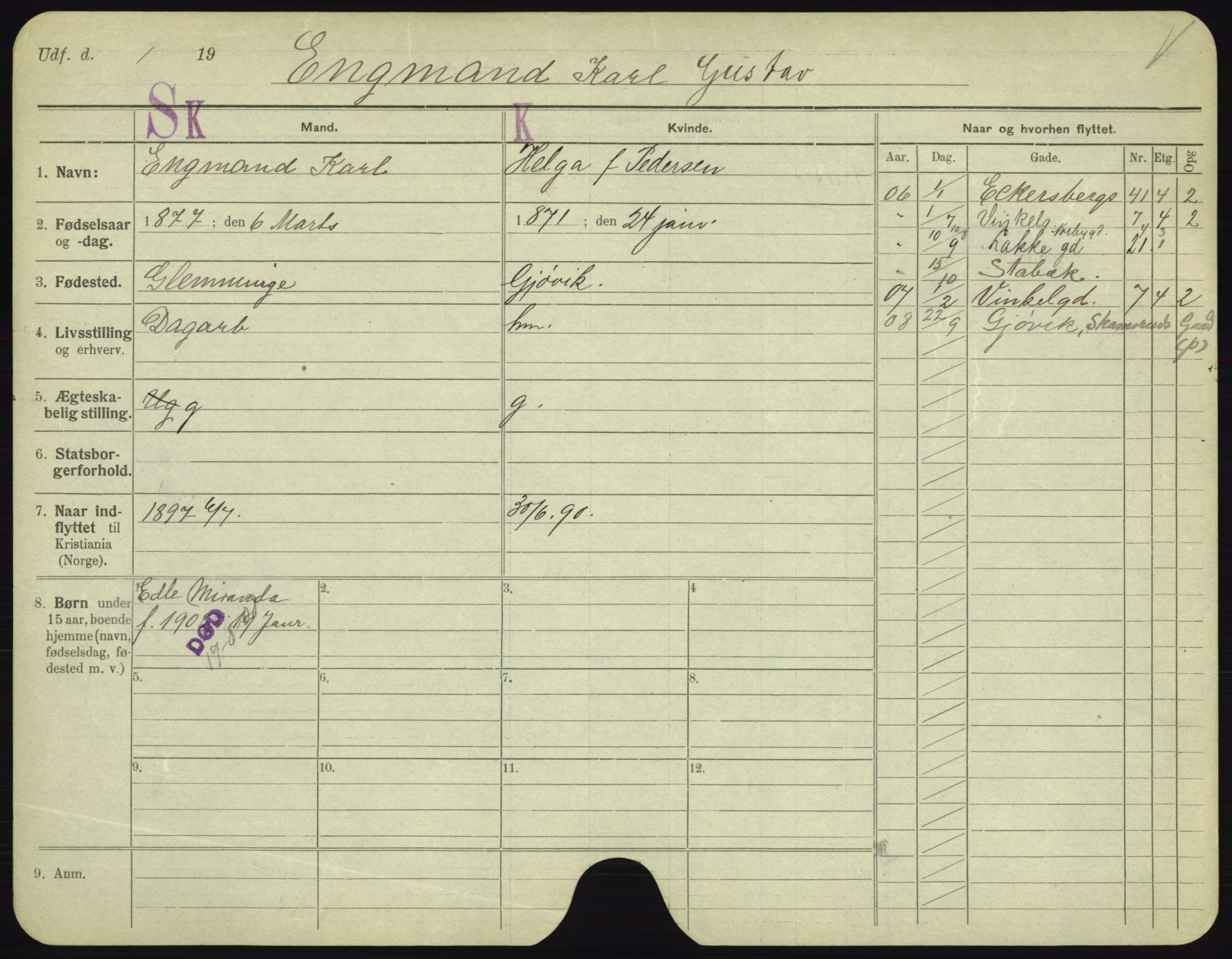 Oslo folkeregister, Registerkort, AV/SAO-A-11715/F/Fa/Fac/L0002: Menn, 1906-1914, p. 1007a