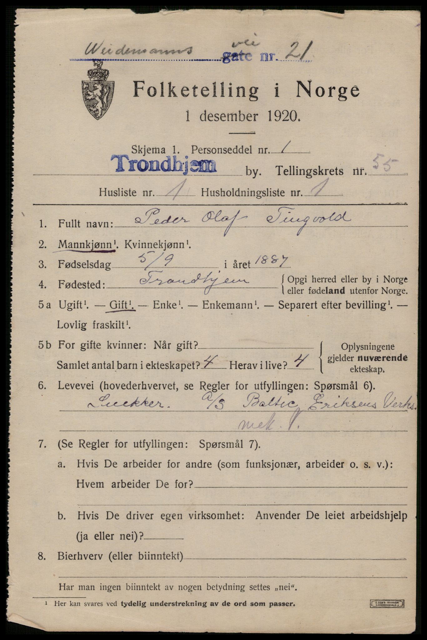 SAT, 1920 census for Trondheim, 1920, p. 111430