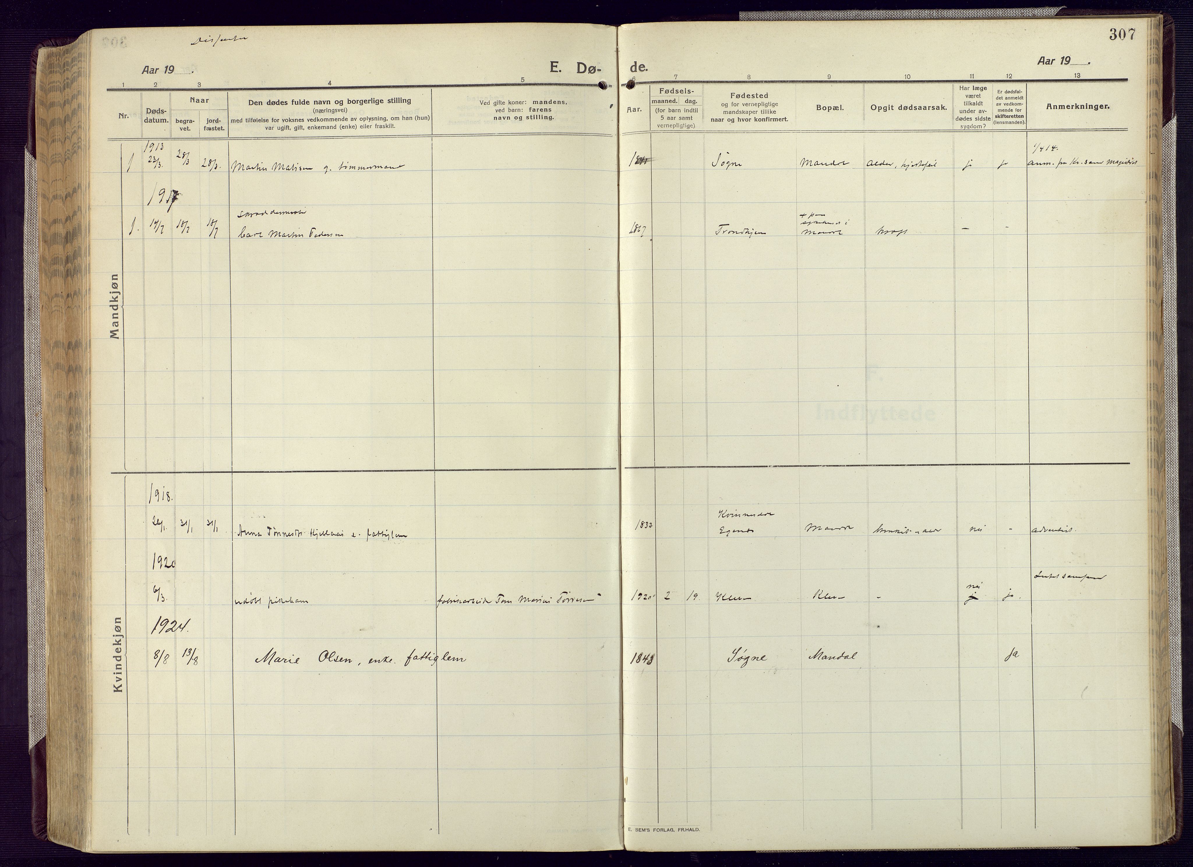 Mandal sokneprestkontor, SAK/1111-0030/F/Fa/Fac/L0001: Parish register (official) no. A 1, 1913-1925, p. 307